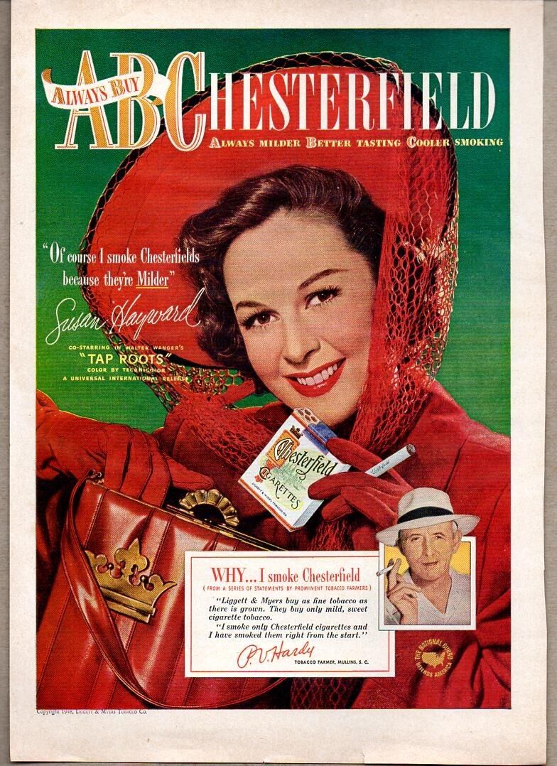 1948 Print Ad Chesterfield Cigarettes Actress Susan Hayward
