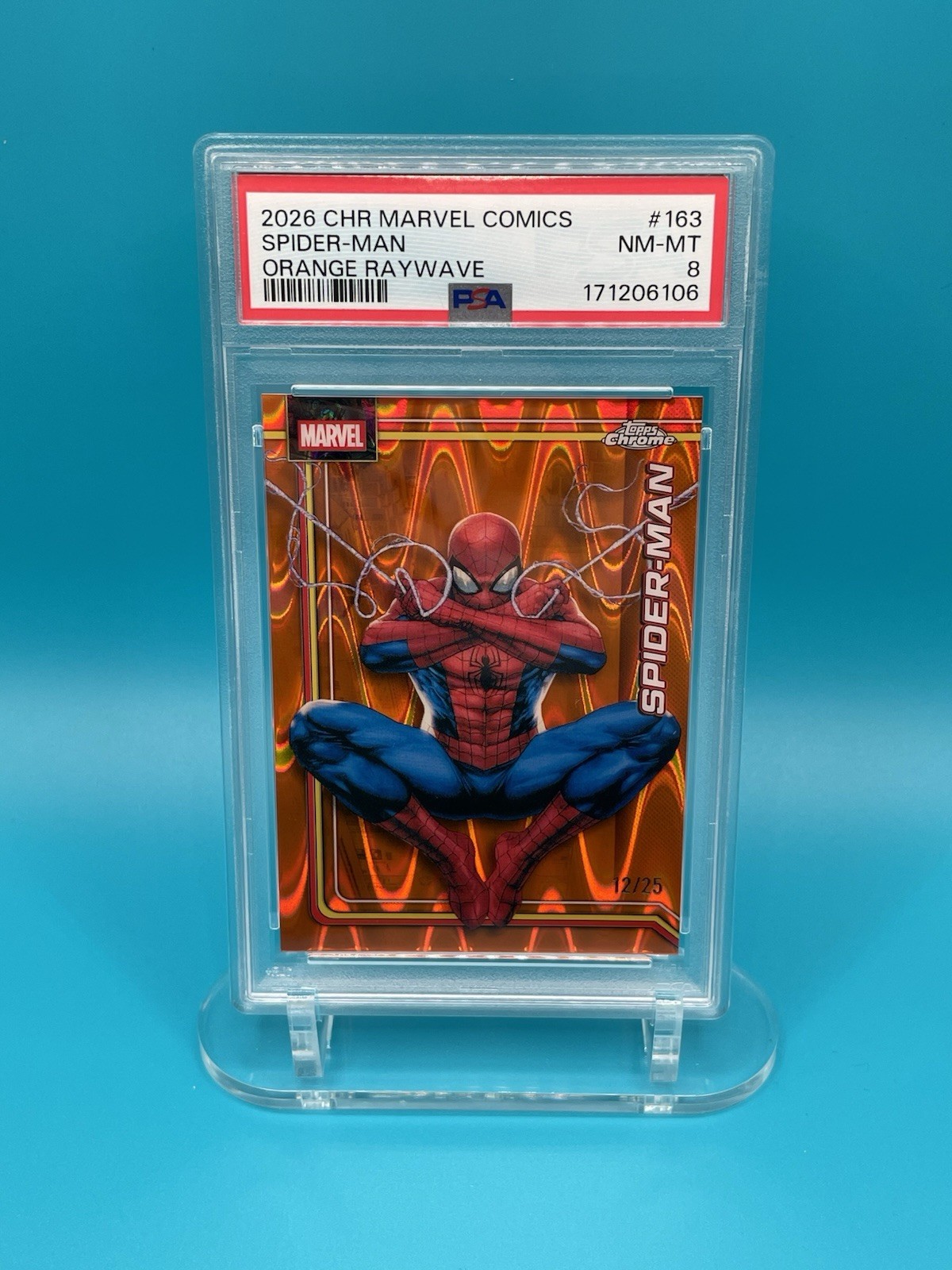 RARE POP 1 Spider-Man 12/25 Orange RayWave PSA 8 NM-MT 2026 Marvel Topps Chrome