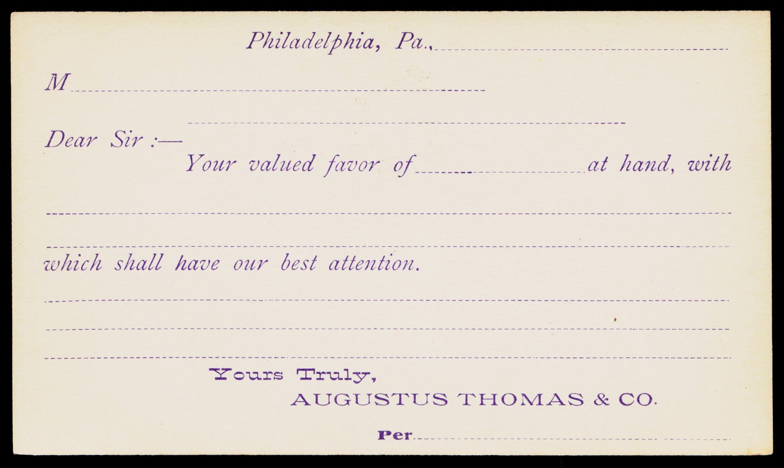 C1890 Augustus Thomas & Co Philadelphia PA Victorian Litho 1c Postal Card