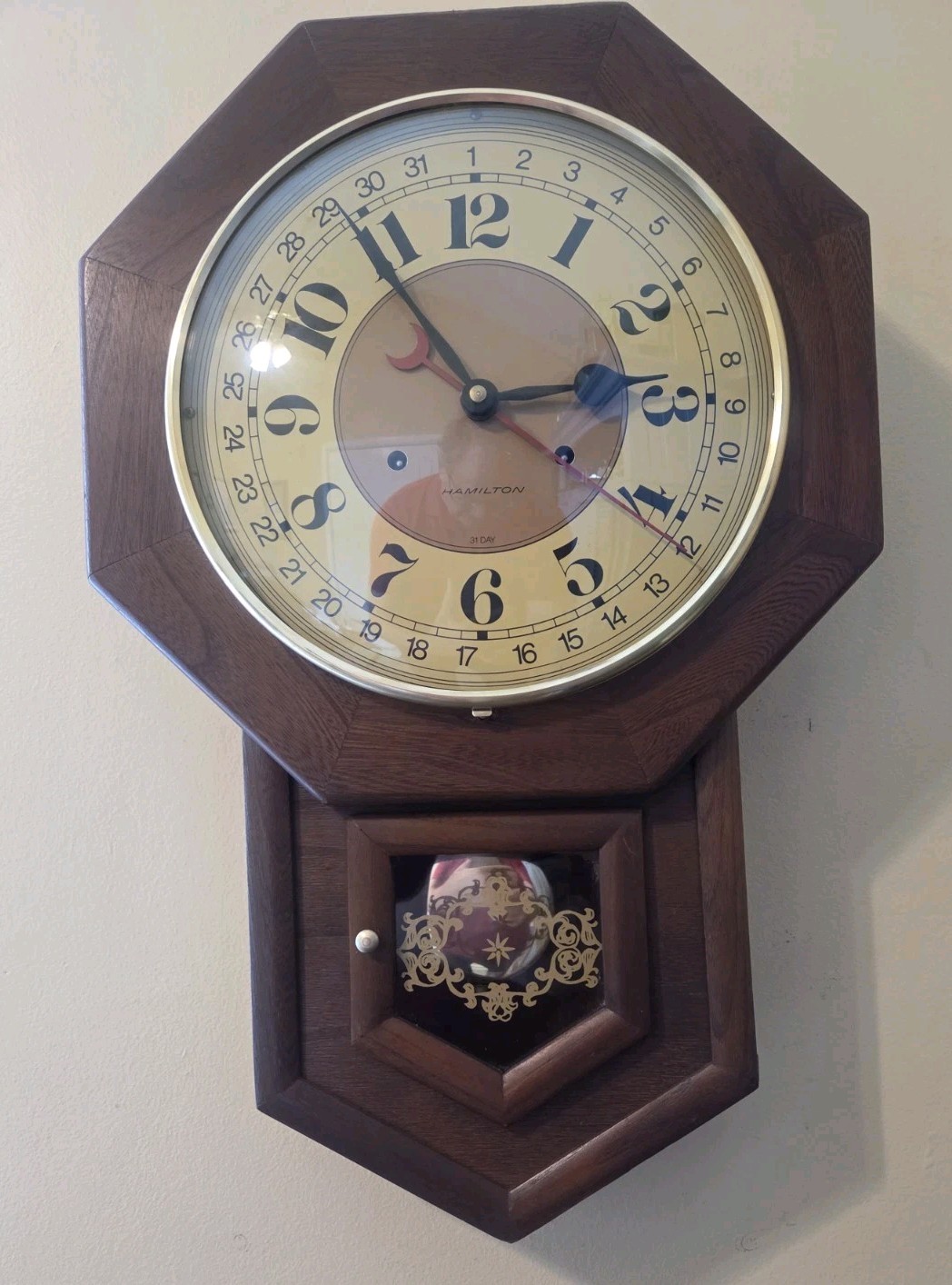 Vintage Hamilton 31-Day Wall Clock Calendar Chimes Pendulm W/Key Serviced Works