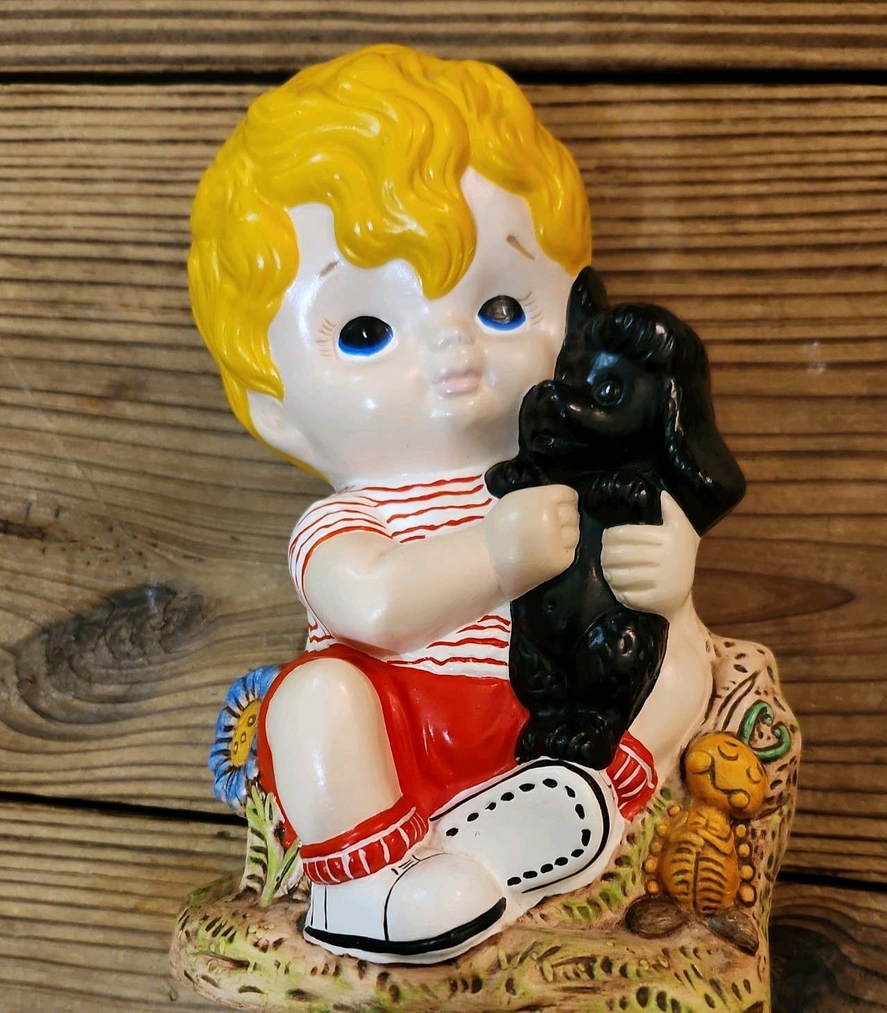 Vintage Chalk ware Boy & Puppy Handpainted Ceramic MCM Cedar Creek, Nebraska