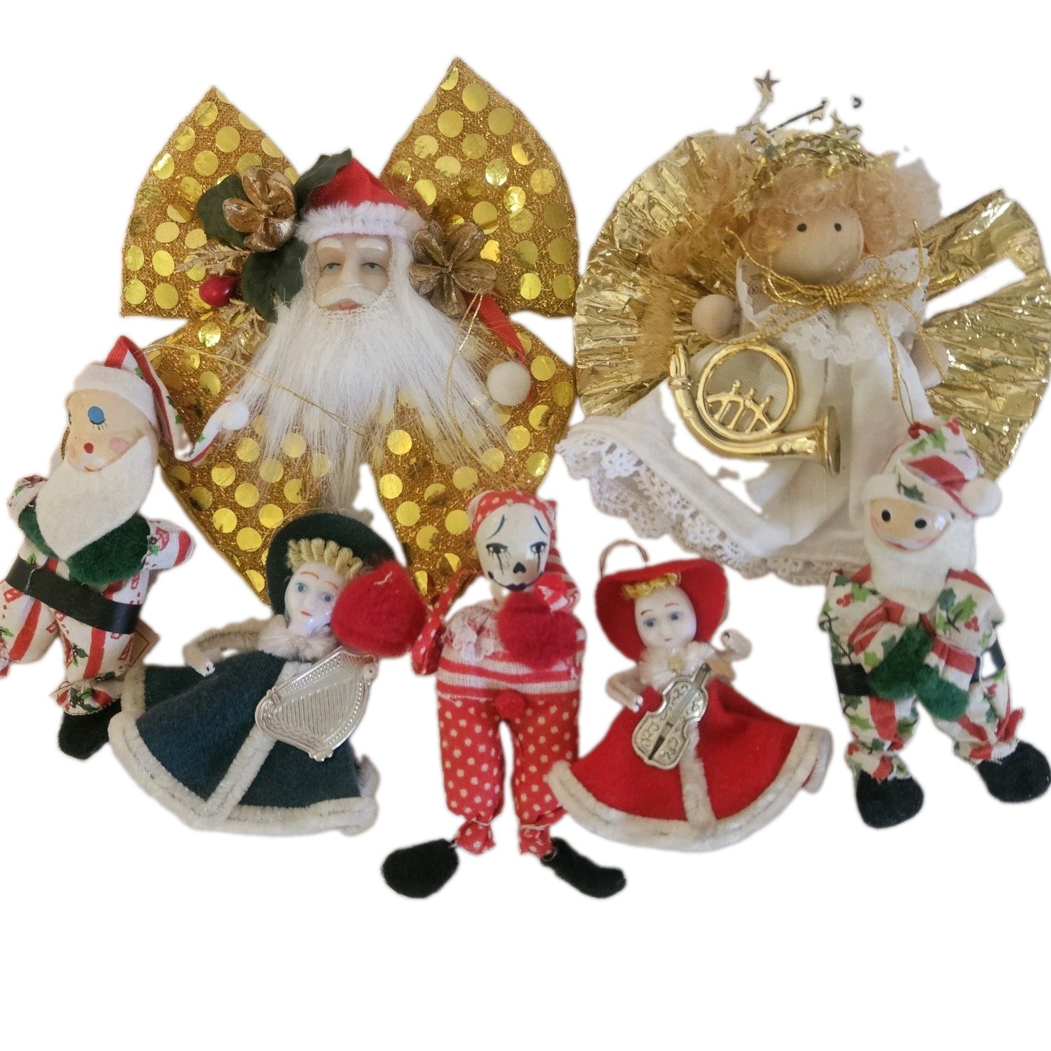 7 VTG Christmas Ornament Lot Santa Angel Clown Hand Painted Fabric Wood 60-80\'s