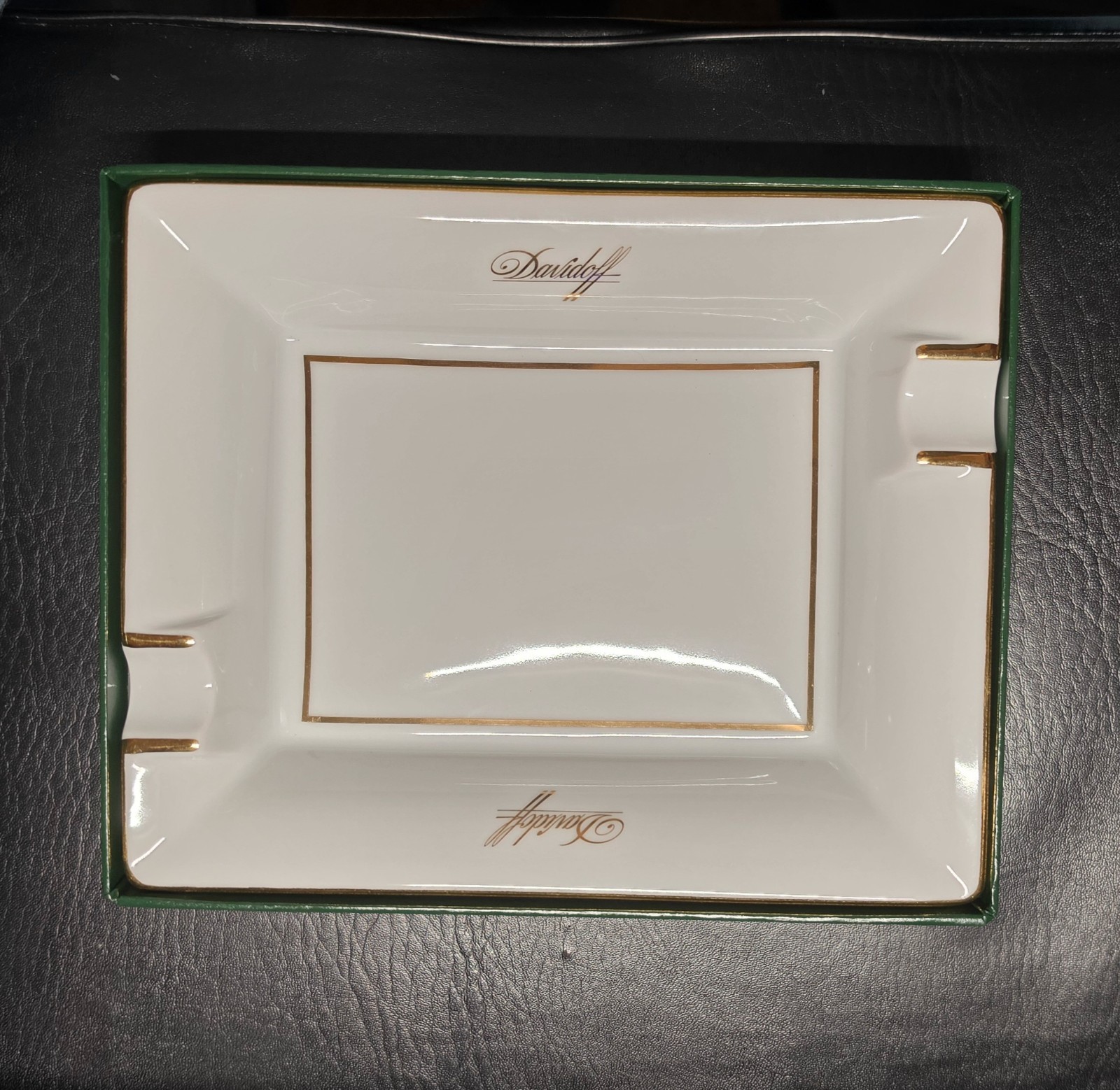 Davidoff Porcelain White Rectangular Ashtray Green Trim Gold Accents w/ Box NEW