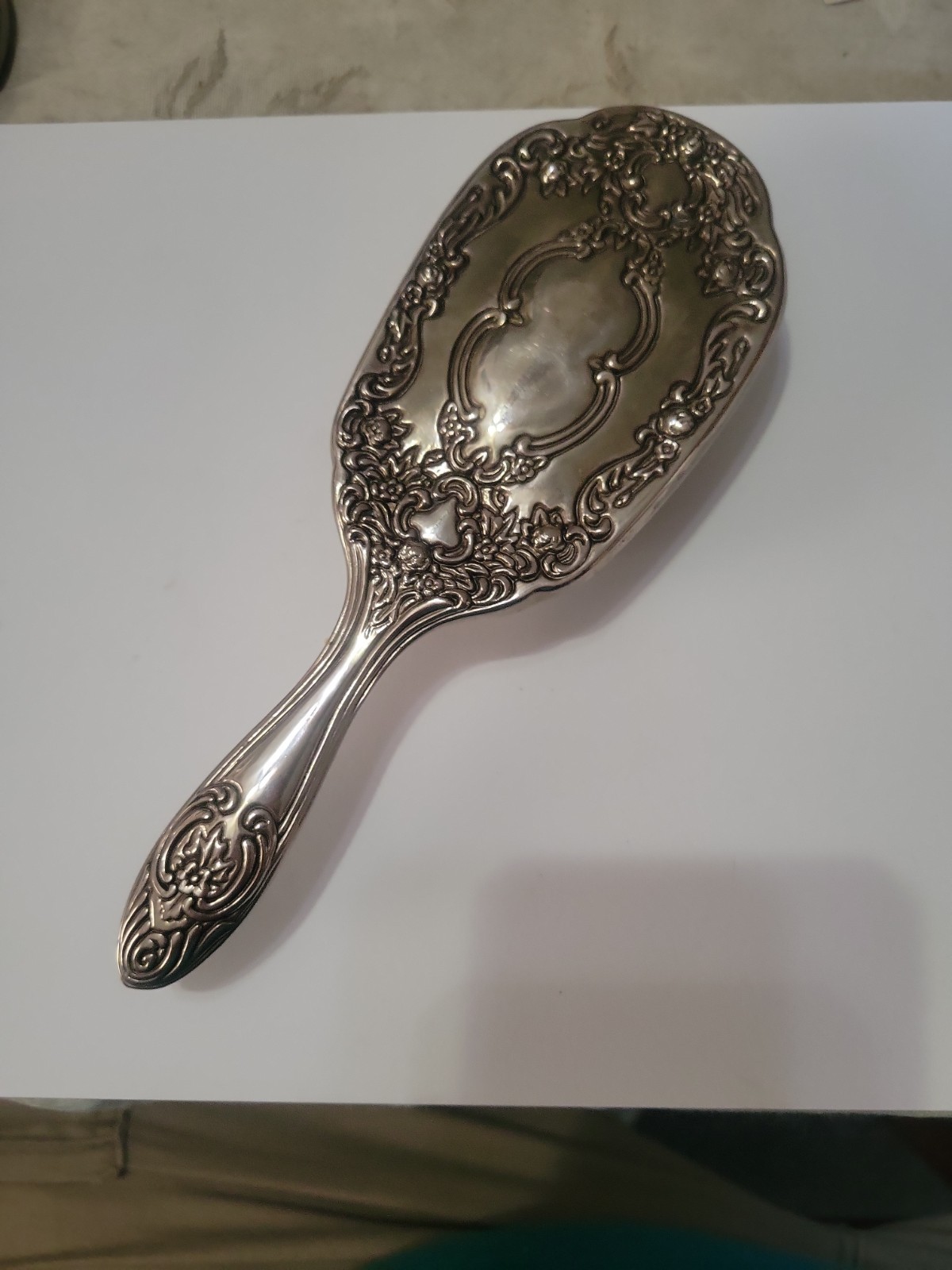 Antique Victorian Ornate Silverplate Hairbrush Repoussé Vanity Brush EUC