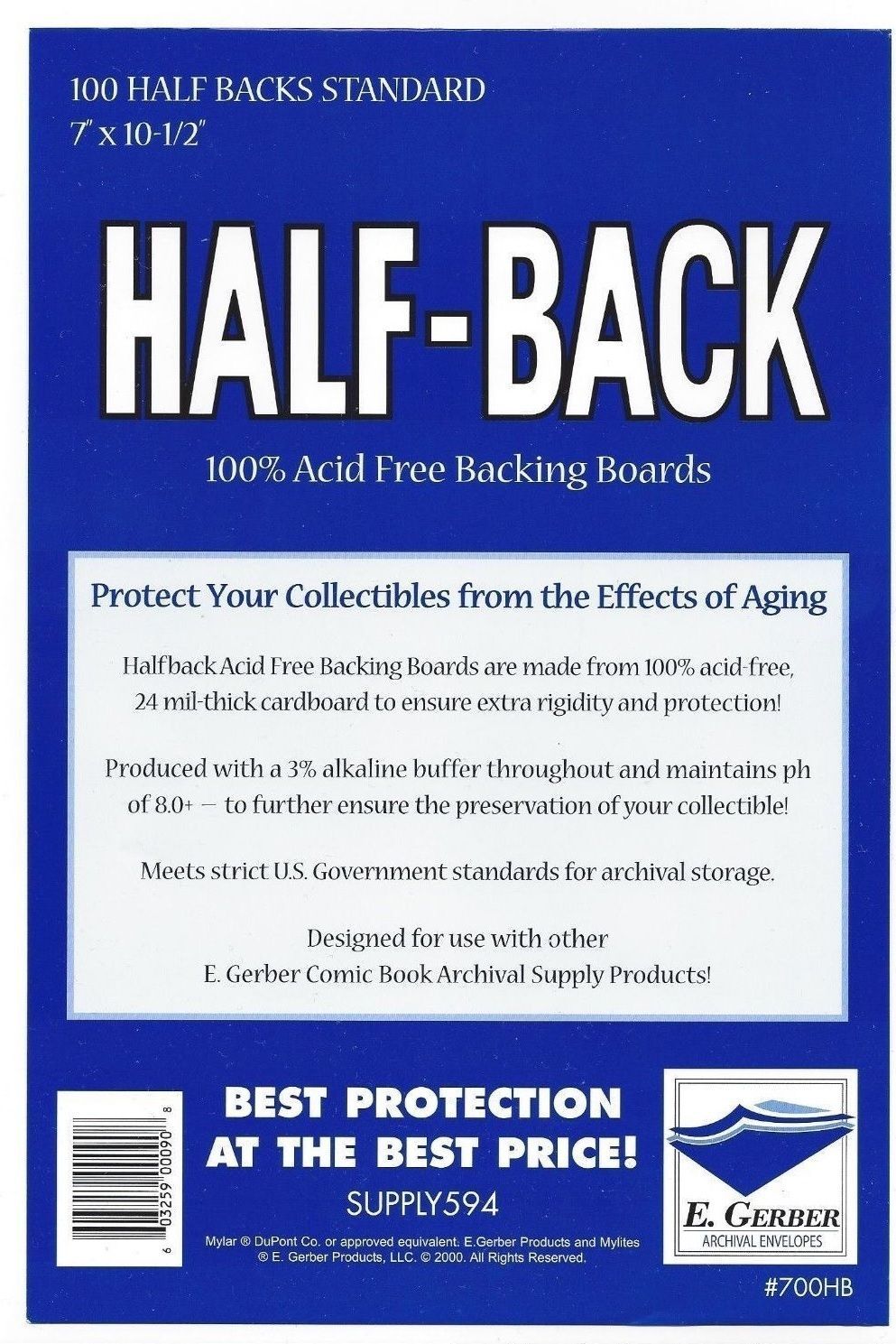 100 Half Back STANDARD Size 24pt Acid Free Comic Backing Boards 700HB E. Gerber