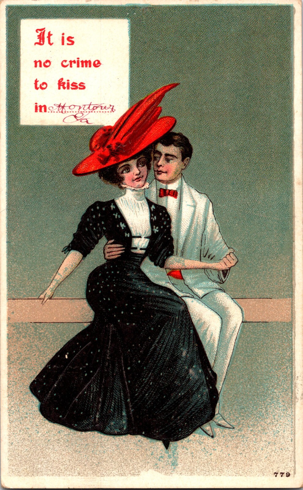 Vintage Postcard It Is No Crime To Kiss In Montour, IA Iowa Man & Woman