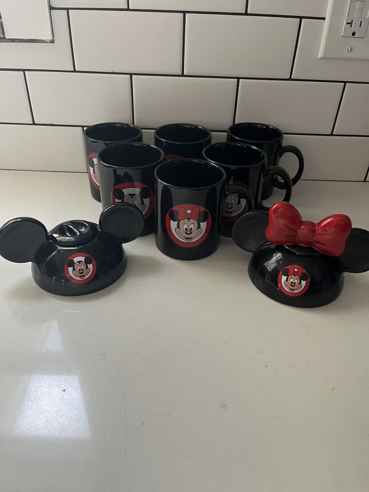 Vintage Disney Japan Minnie & Mickey Mouse Black Coffee Mugs 12oz & Sugar Holder