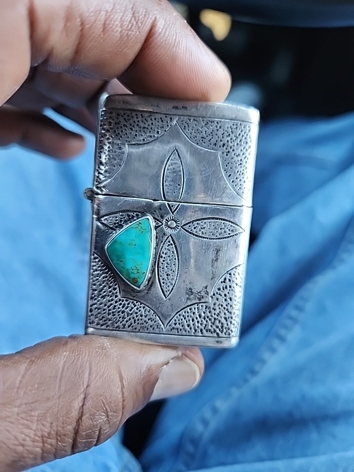 1940's Vintage Navajo Turquoise Sterling Silver Stamp Lighter Case. Excellent 