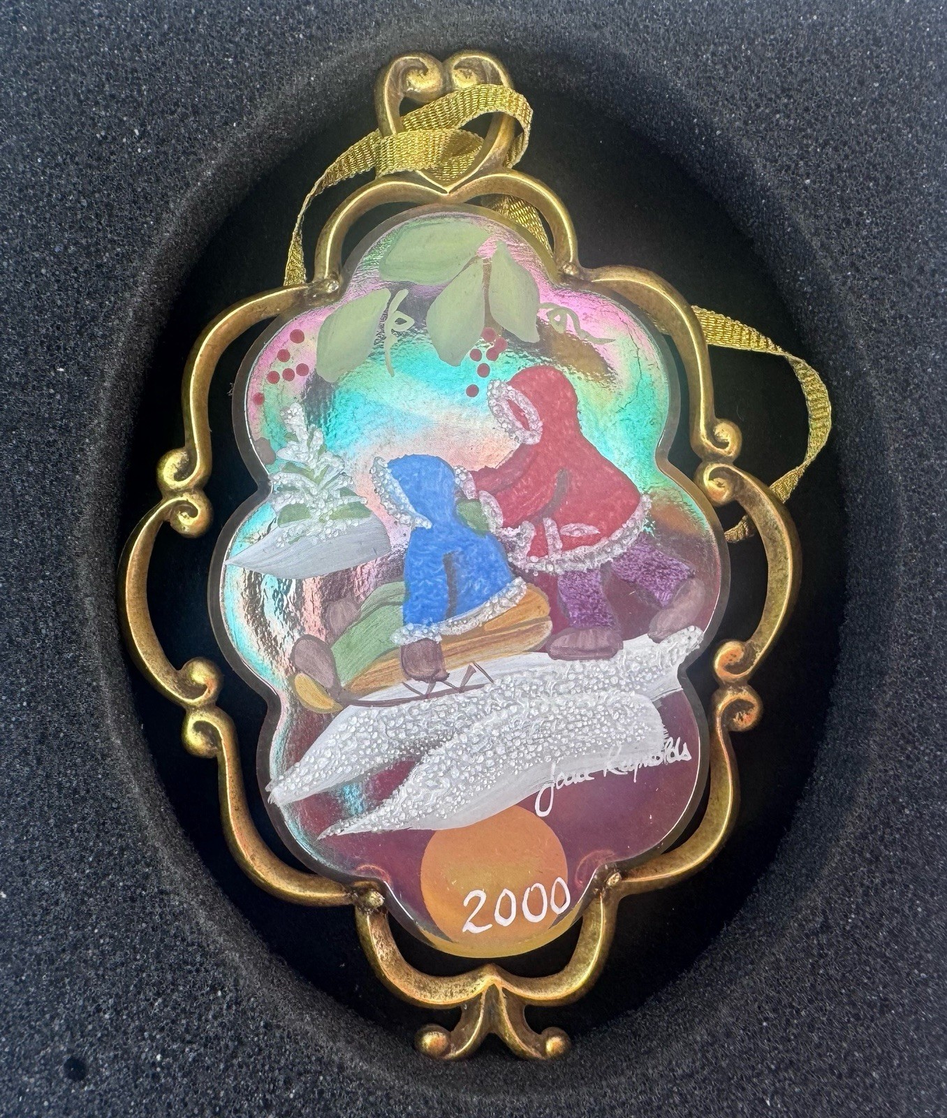 Fenton Gold Framed Hand Painted Christmas Ornament Winter Sled Scene 2000 Fenton Gold Framed Hand Painted Christmas Ornament Winter Sled Scene 2000