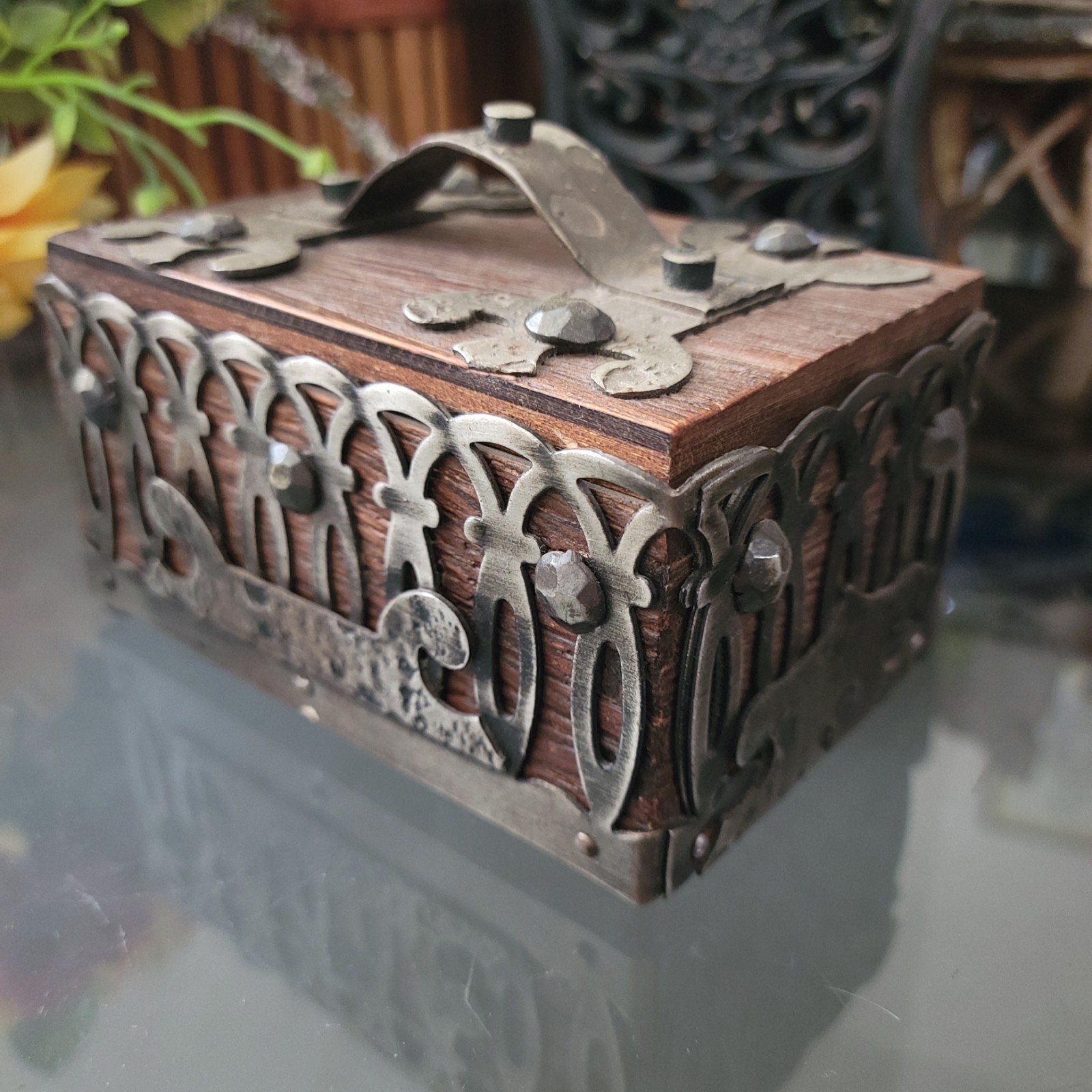 Vintage French Wood Trinket Box Hammered Metal Filigree Strapwork Made in France Vintage French Wood Trinket Box Hammered Metal Filigree Strapwork Made in France