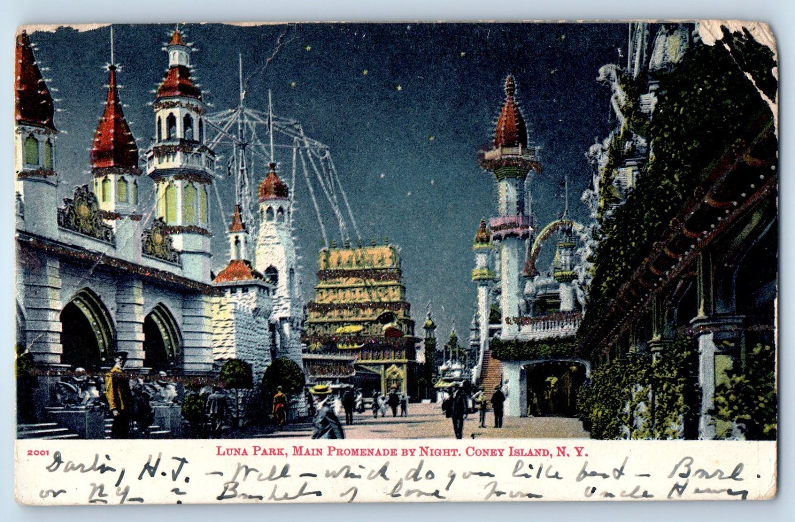 c1906 Coney Island New York NY Vintage Postcard Luna Park Main Promenade Night