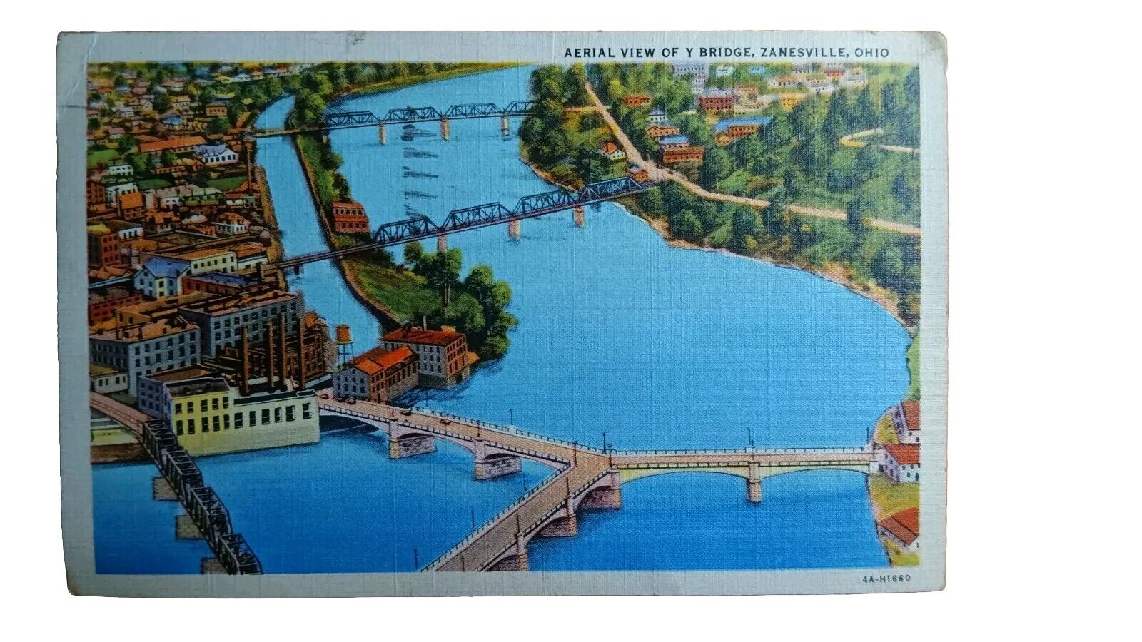 Aerial View of Y Bridge, Zanesville, Ohio - Postcard