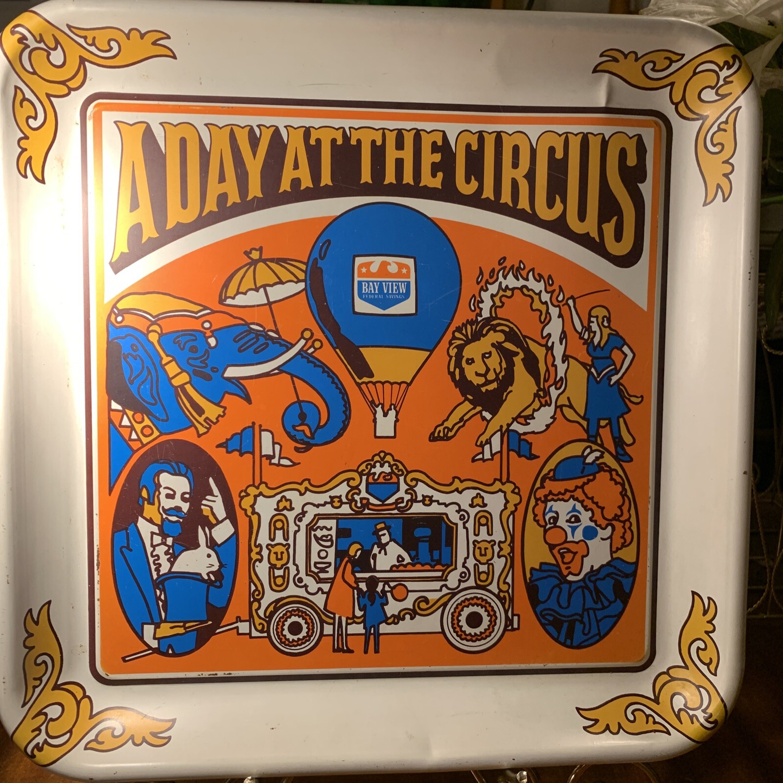 Vtg Advertizing Tray~Bay View Federal~San Mateo~SF Bay Area~Circus~Grahics Color