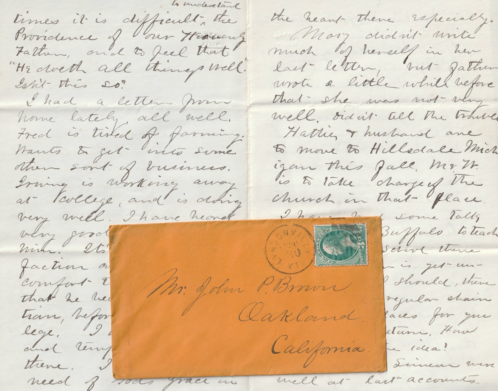 1871 Letter Vermont to Oakland - Great Chicago Fire, Life in Vermont, Calif Move