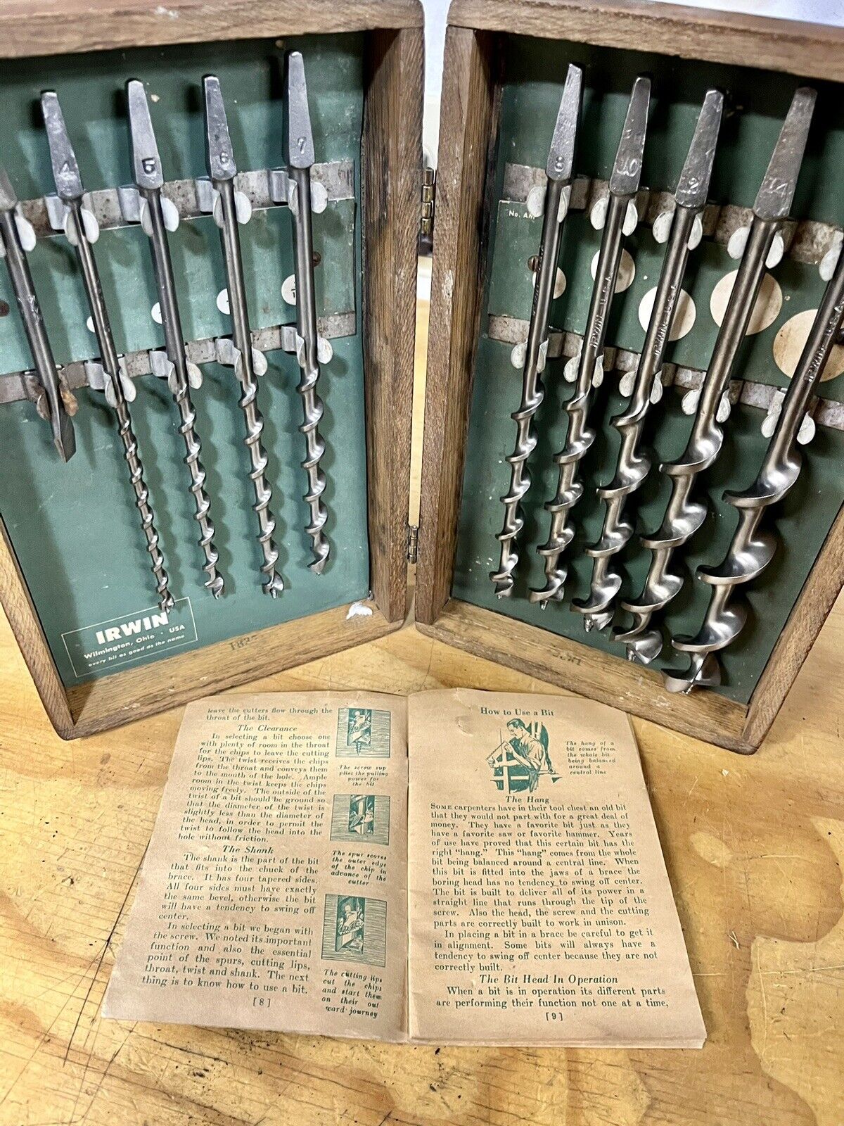Vintage Irwin Original & Complete 10 Pc Set, Oak Box Hand Drill Brace Bits, Fine