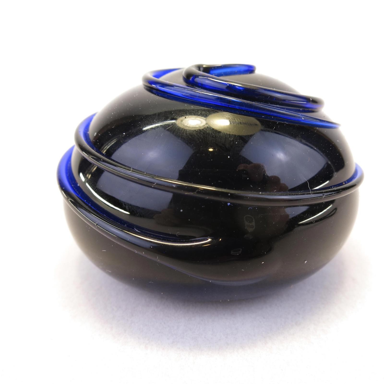 Distinctive Dark Cobalt Blue Stamped Swirl Art Glass Round Paperweight