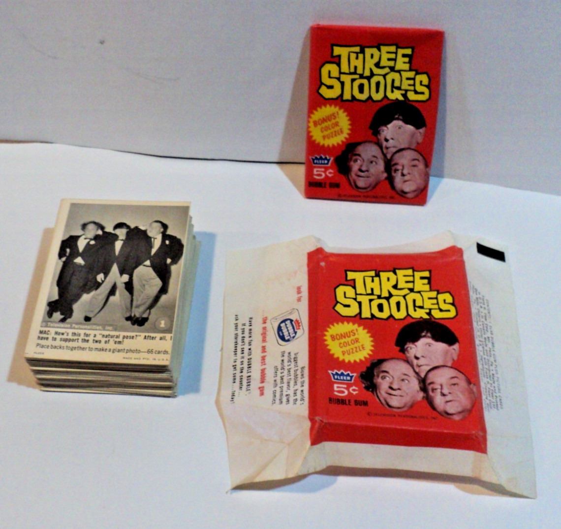 Three Stooges 1966 Fleer 3 Lot 66 Card Set-No Creases, 1 Sealed Pack & 1 Wrapper