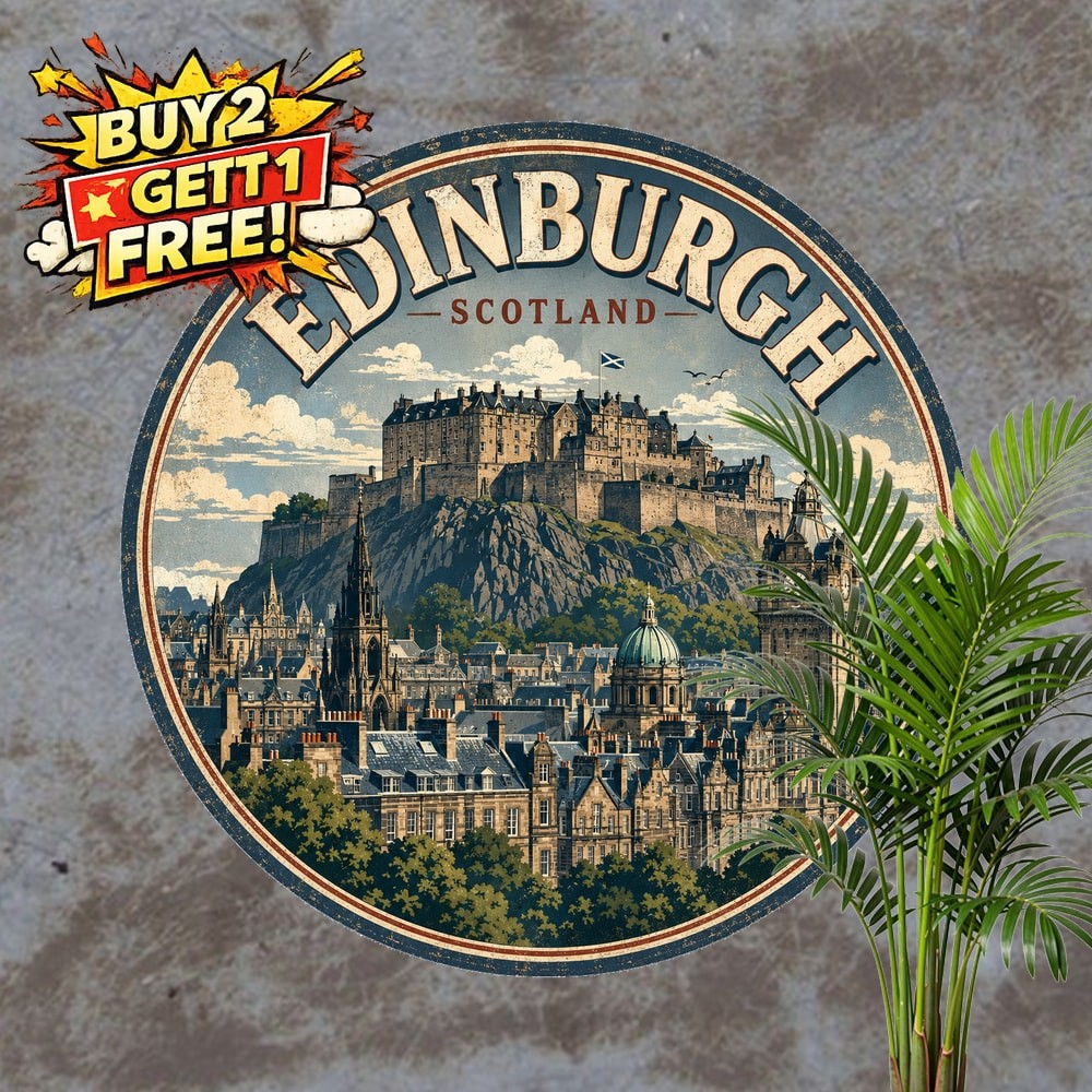 Edinburgh Castle Scotland Round Sign Travel Souvenir Metal Tin Plaque Decor