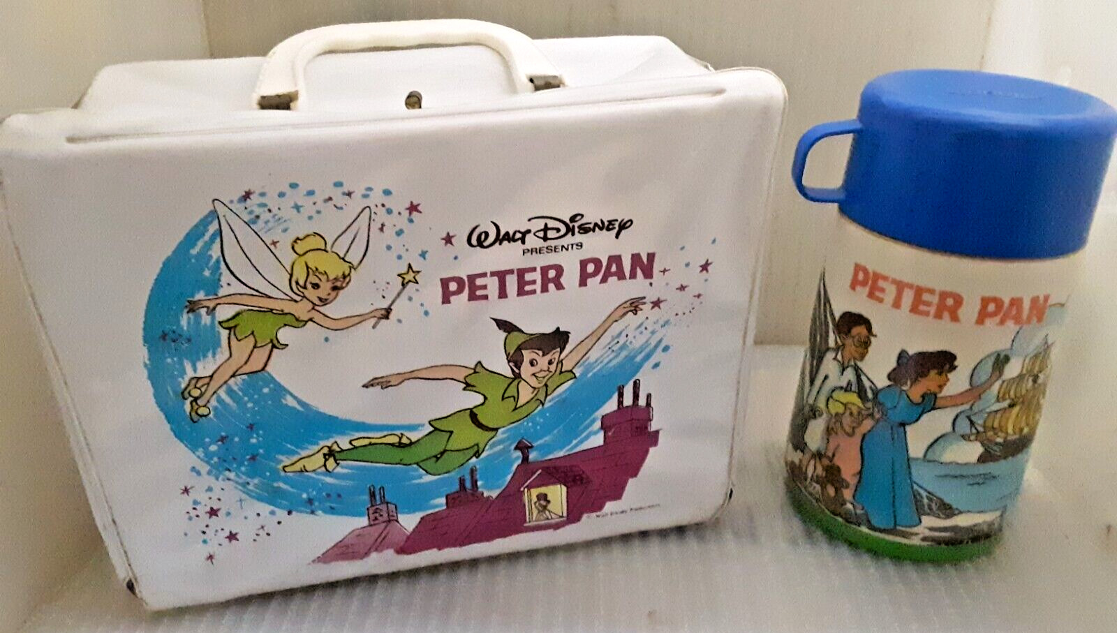 ~RARE 1970's Peter Pan Tinkerbell Vinyl Lunch Box & Plastic Thermos Lunchbox Set