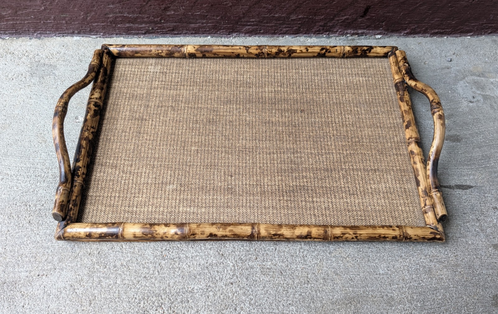 Vintage MCM Burnt Bamboo Serving Tray Woven Asian Boho Chic Tiki Handles N82