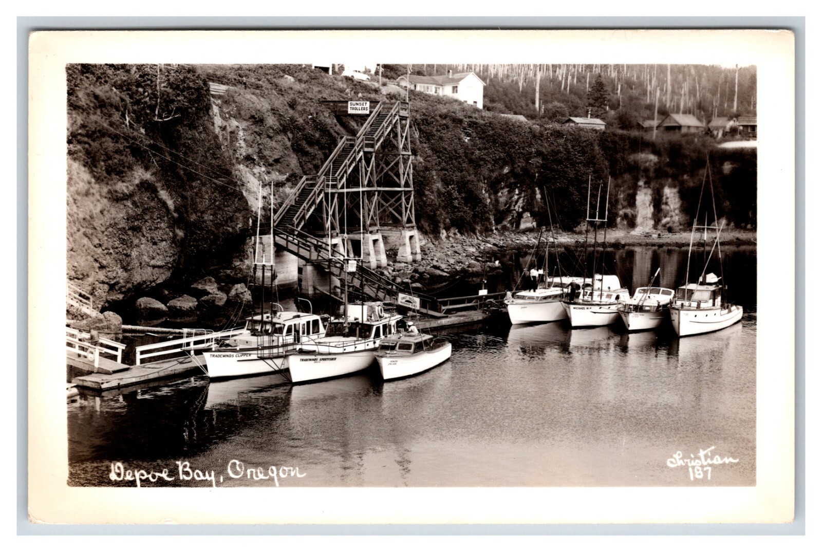 RPPC Boats at Dock Depoe Bay Oregon OR Christian Photo 187 UNP Postcard F21