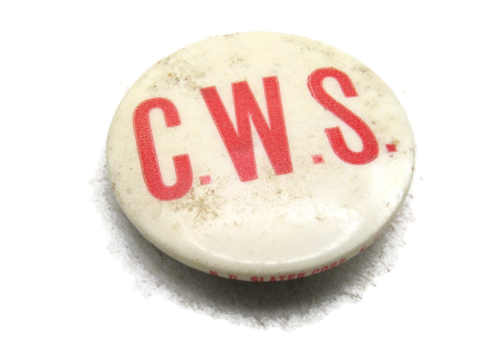 Vintage C.W.S. Pinback Button Red on White Celluloid Advertising N.C. Slater