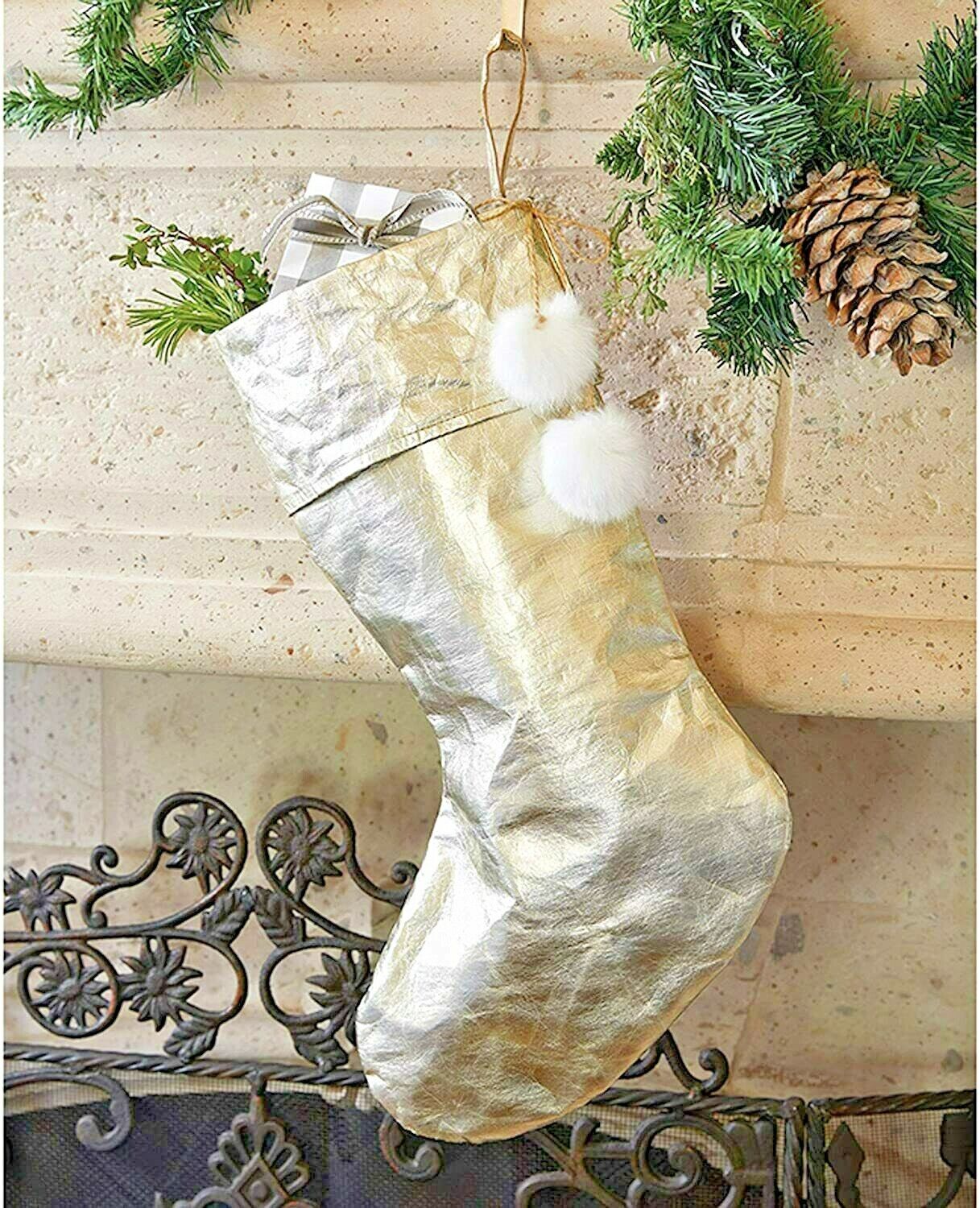 Creative Brands Fur Pom Pom Metallic Champagne 17 x 12 Paper Holiday Stocking