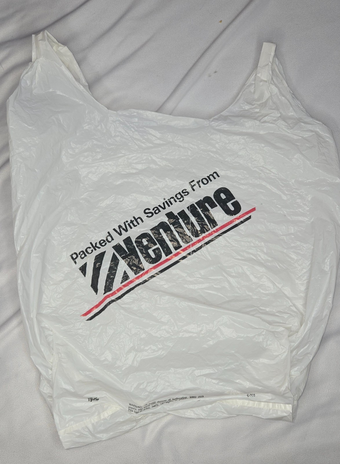 Venture Discount Department Stores Vintage White Plastic Shopping Bag Sack 1980s