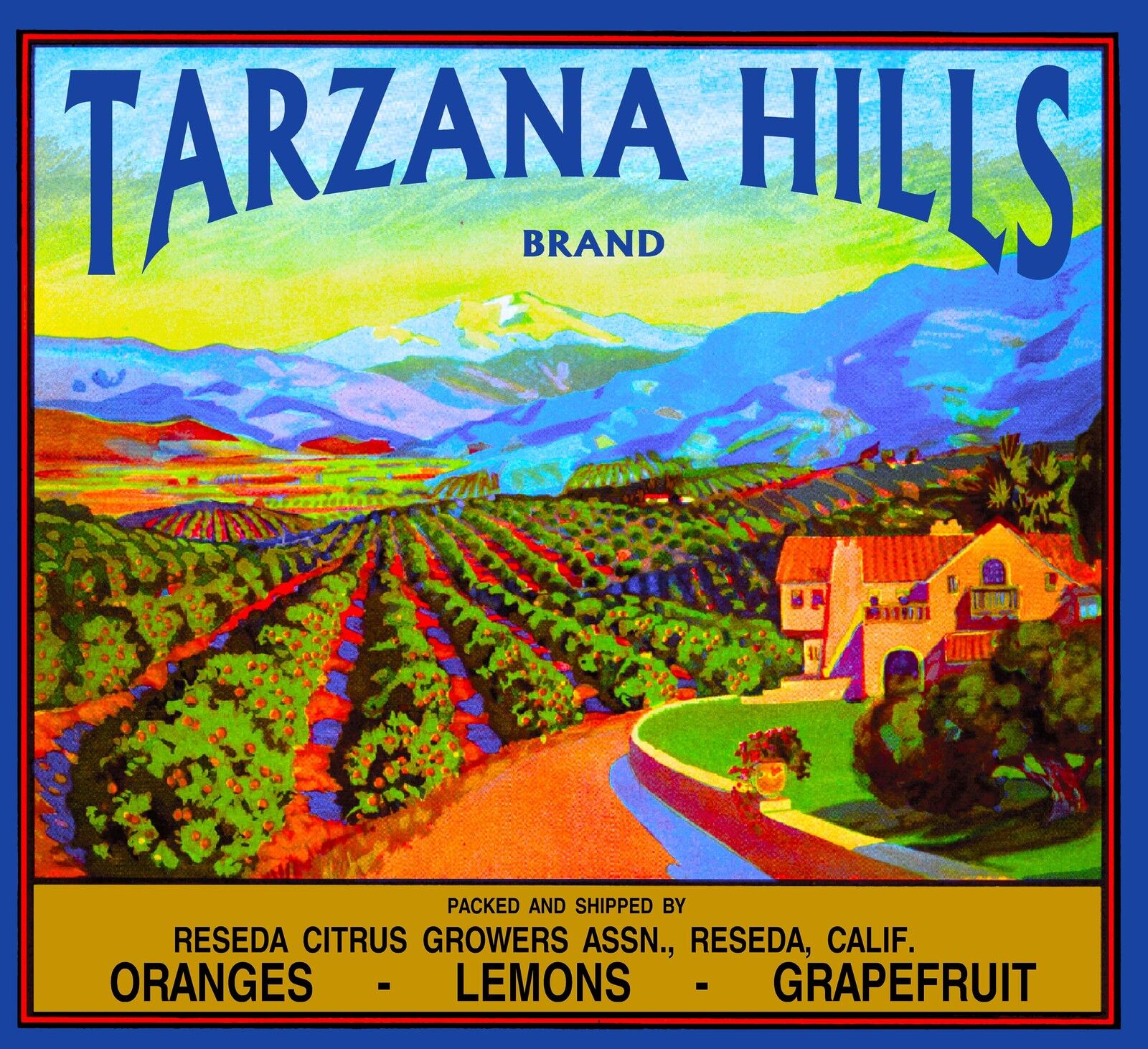 Reseda Tarzana Hills California Vintage Orange Citrus Fruit Crate Label Print