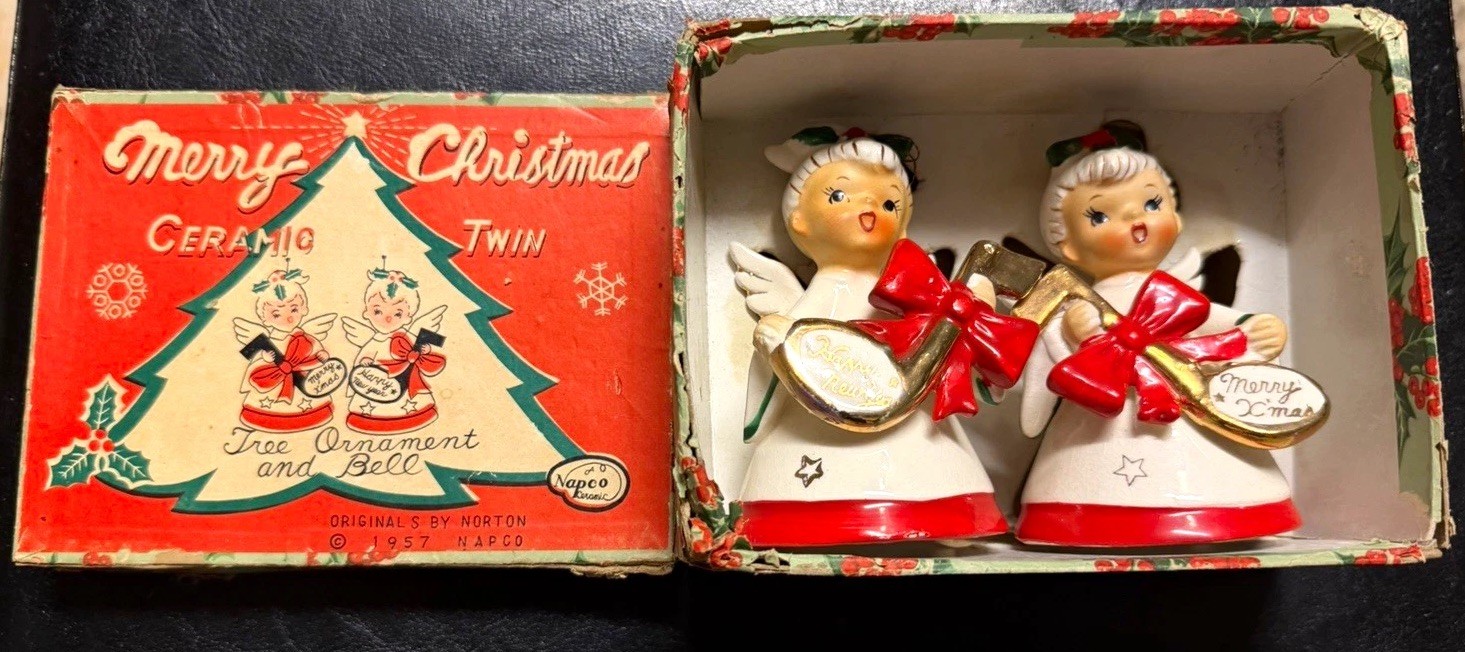 Vtg 1957 NAPCO Christmas Angel Bell Boxed Set Twin Star Happy New Year Merry Xms