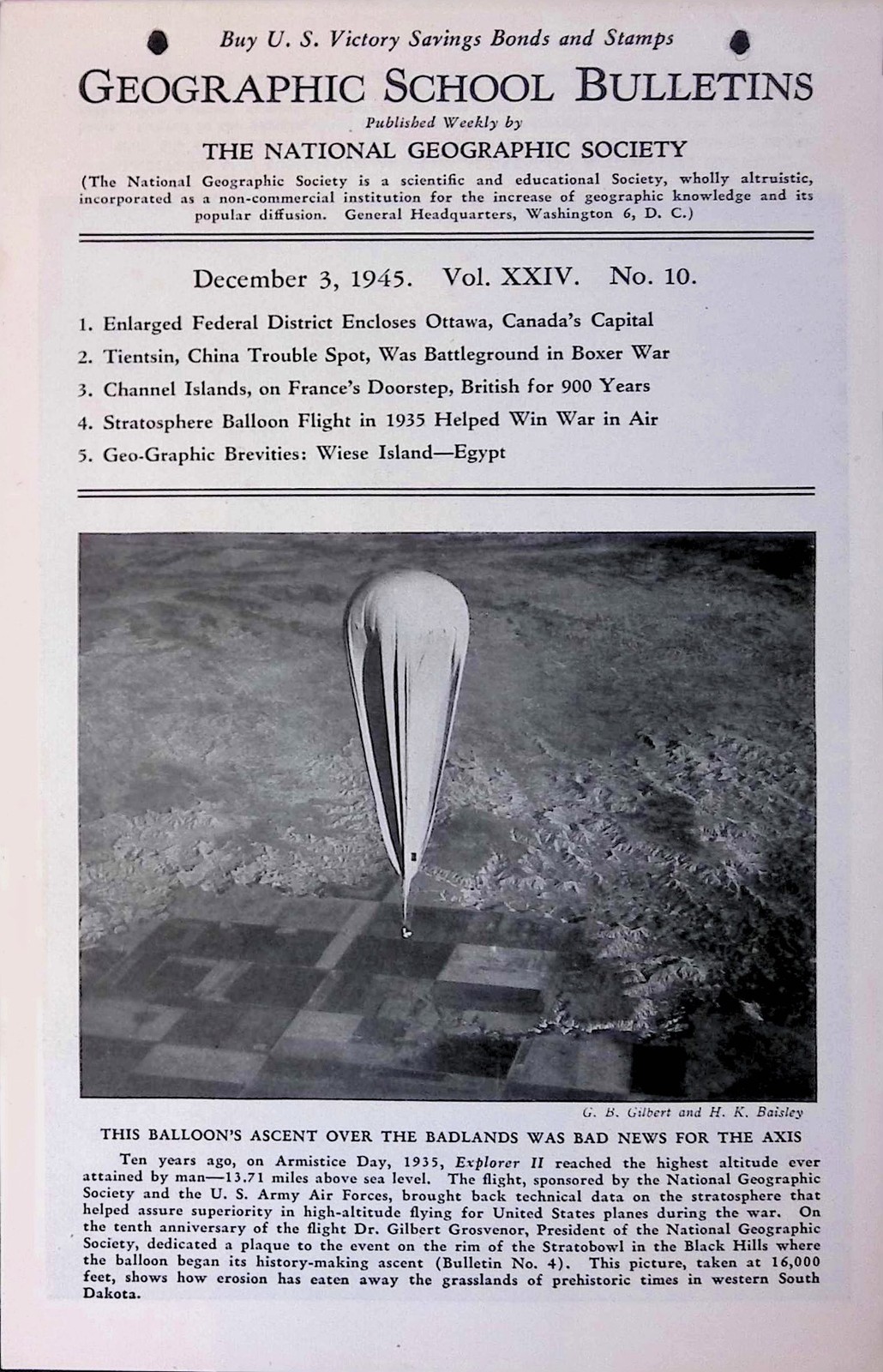 1945 Nat\'l Geographic School Bulletin WWII Balloon Ascent Badlands Tientsin