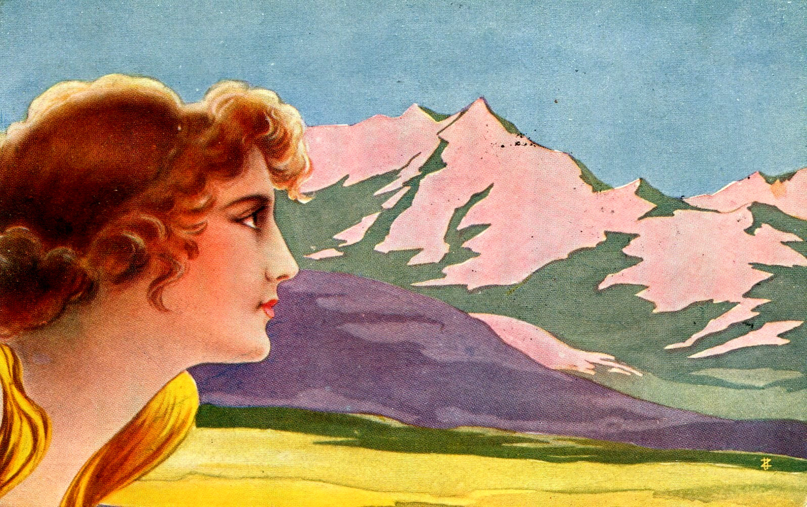 Artist Signed Vintage Postcard - Lady  with Mountaind on the Background  (42)