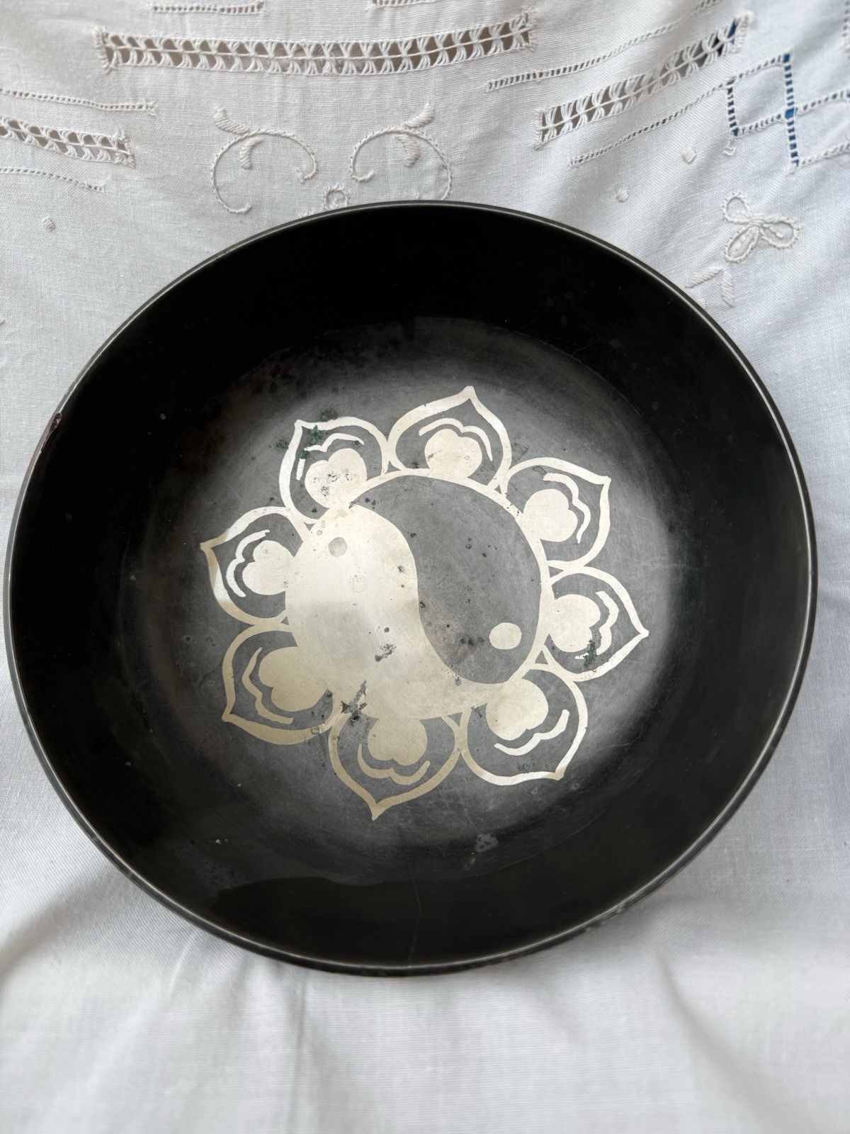 Antique Tibetan Singing Bowl Qing Dynasty Buddhist Black Brass&silver Yin&Yang @