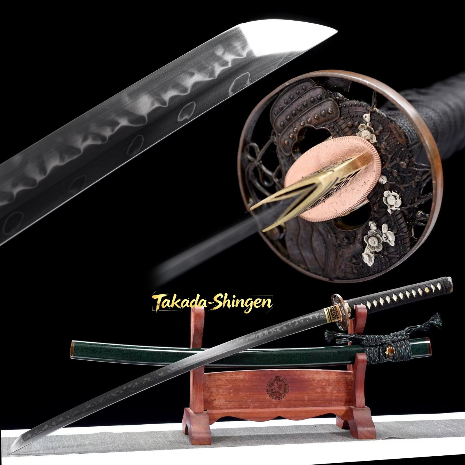 Hand Forged T10 Katana, Clay Tempered Unique Hamon, Brass Gilt Fittings Ray‑Skin