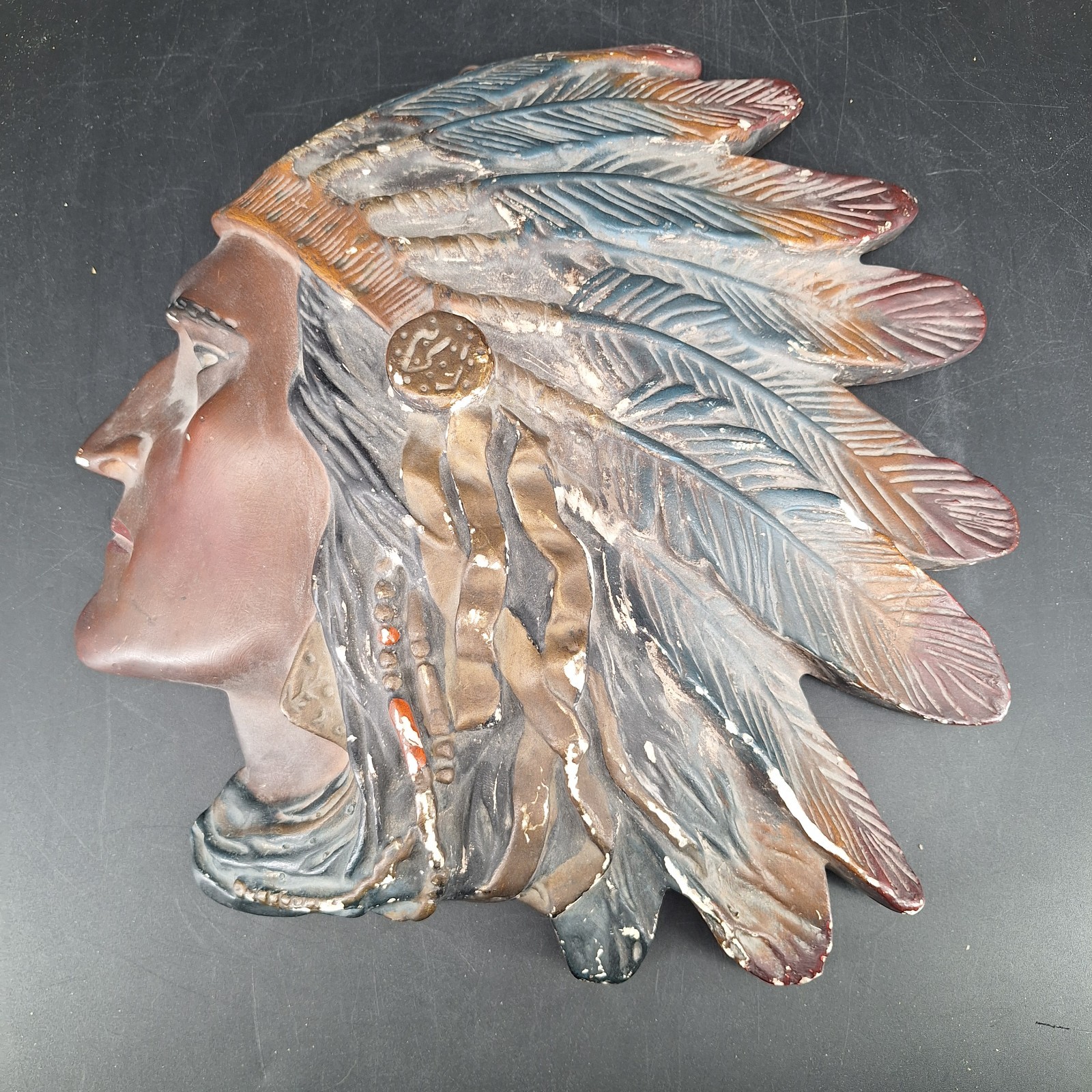 Vintage Native American Indian Head Ceramic Hanging Wall Plaque Sculpture 15.5” Vintage Native American Indian Head Ceramic Hanging Wall Plaque Sculpture 15.5”