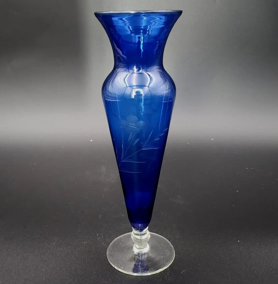 Vintage Glass Bud Vase Cobalt Blue Etched Cornflower Clear Base 11\