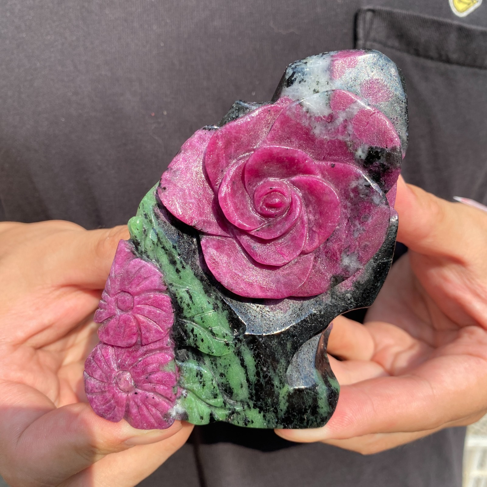 1.3lb Natural Ruby Zoisite Crystal Carving flowers  Anyolite Mineral Specimen