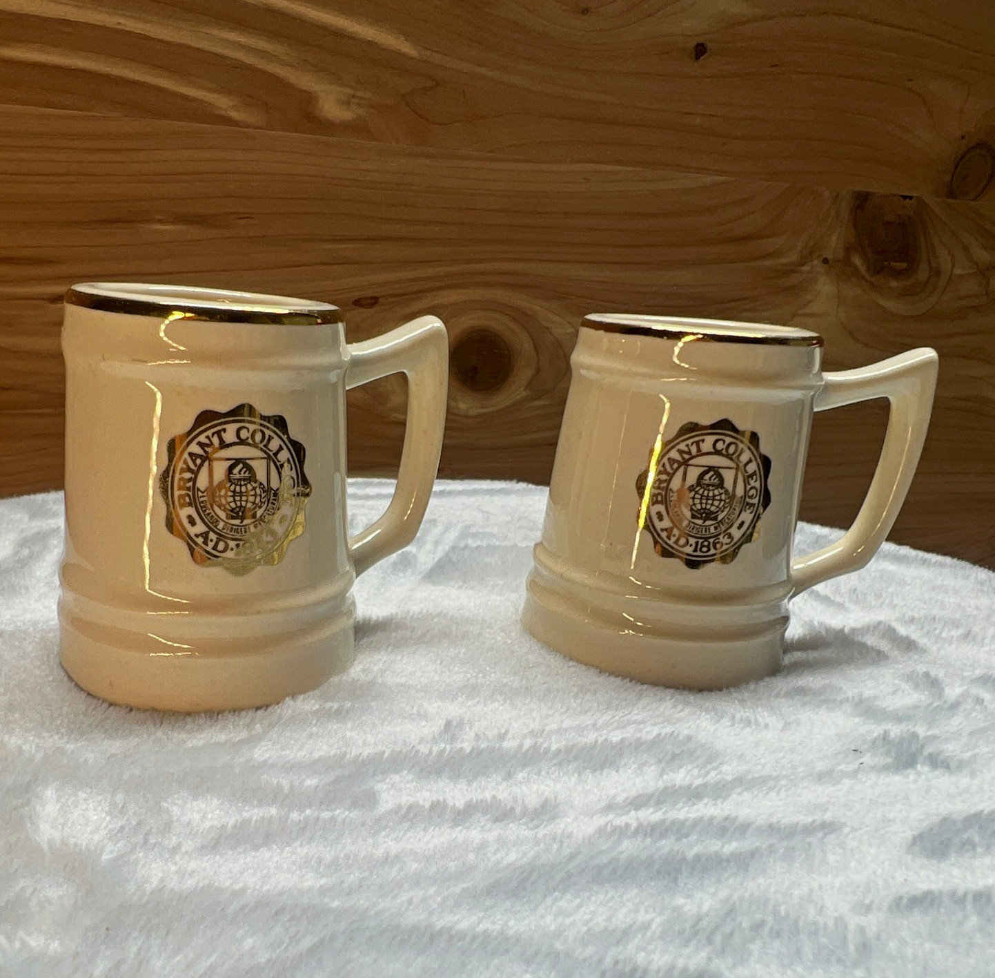 Vintage Bryant College A.D. 1863 Ceramic Mugs, Set of 2, Cream/White, Gold Trim