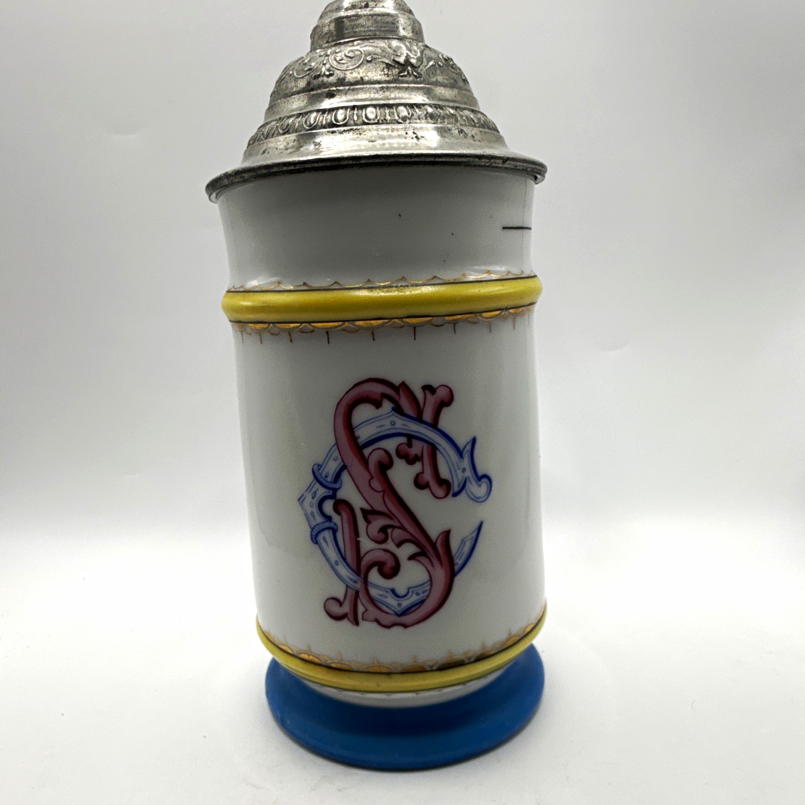 Antique 1/2L Porcelain Beer Stein Floral Pewter Lid w/ Lithophane Base Antique 1/2L Porcelain Beer Stein Floral Pewter Lid w/ Lithophane Base