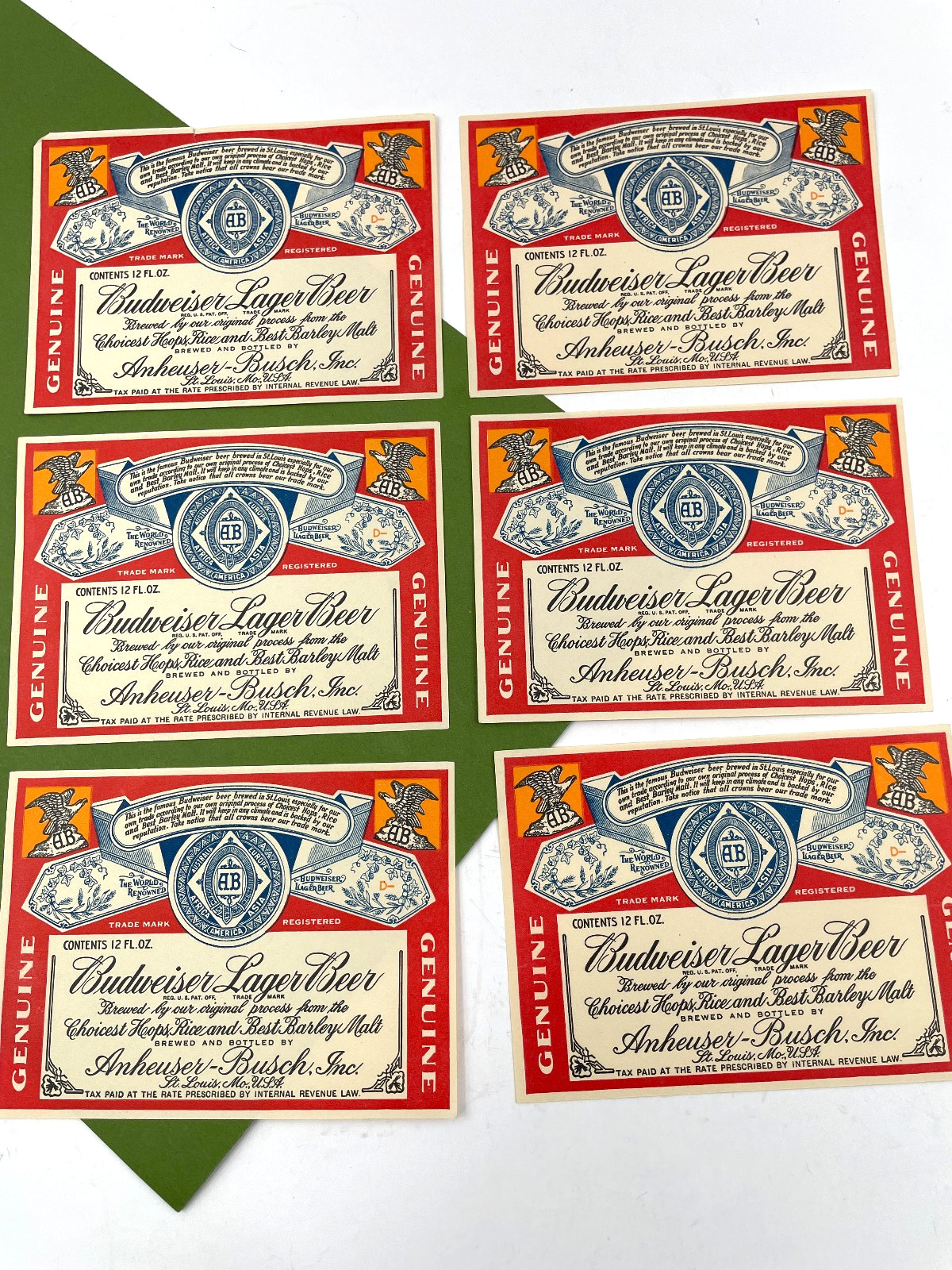 Vintage Budweiser Lager Beer Labels Unused 12 OZ - Lot of 6 Anheuser Busch
