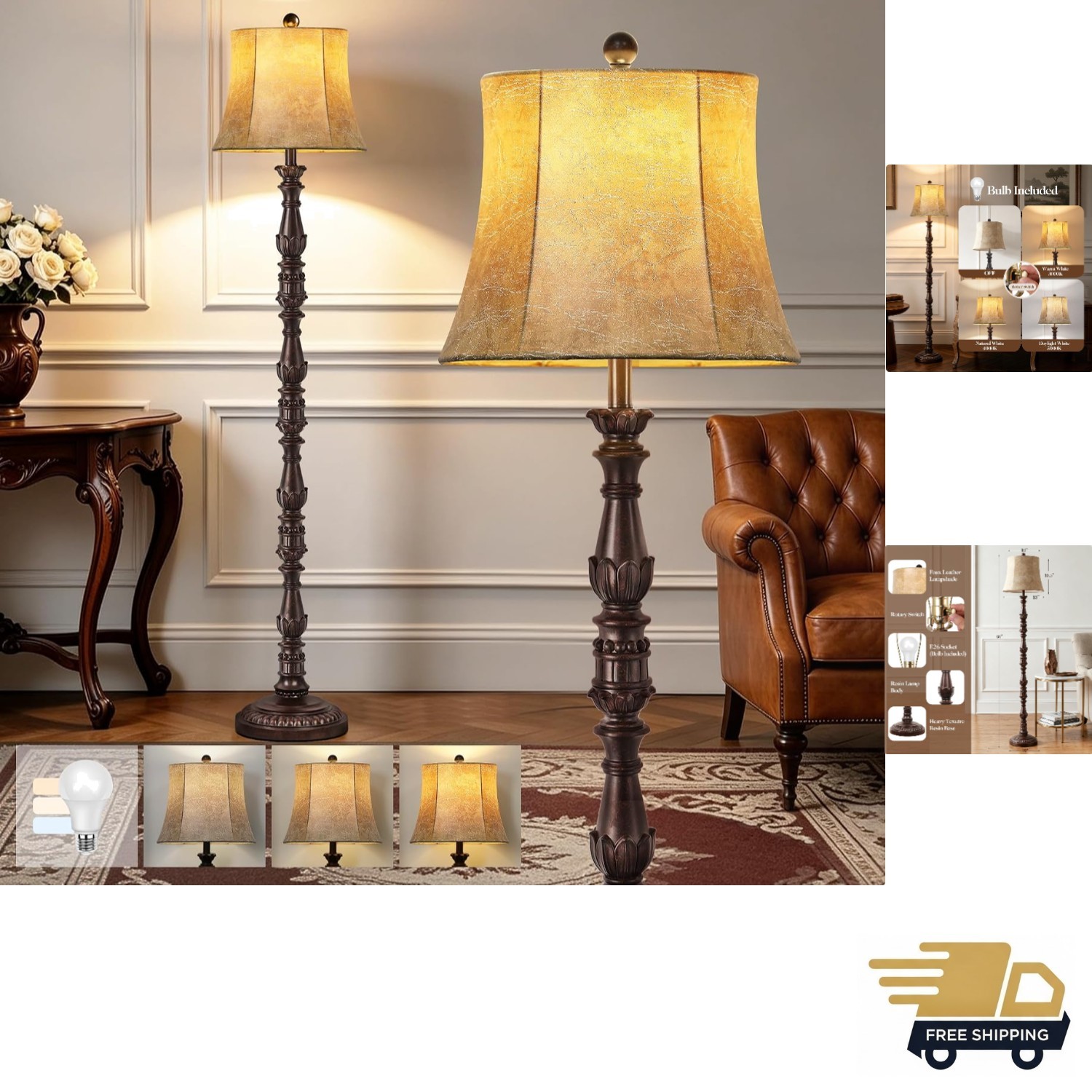 Vintage 64” Tall Floor Lamp with Faux Leather Shade – Elegant Home Lighting