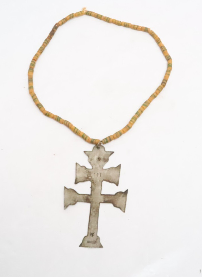 ANTIQUE HUDSON BAY SILVER CROSS FUR TRADE Era NATIVE AMERICAN Beaded Necklace