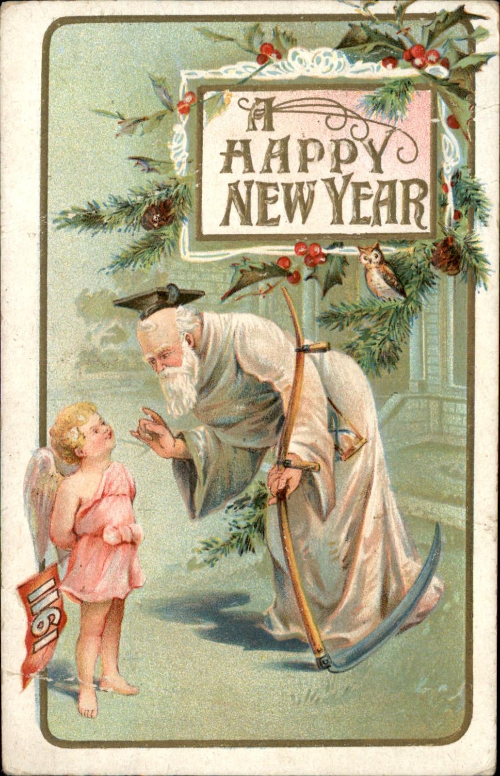 New Year's Santa Claus and Angel Fantasy Embossed c1900s-10s Vintage Postcard