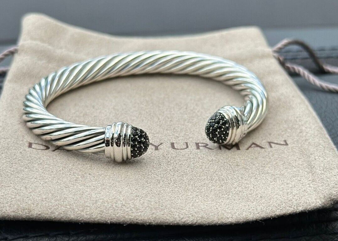 David Yurman 7mm Cable Bracelet & Sterling Silver W/ BLACK PAVE DIAMONDS MEDIUM 