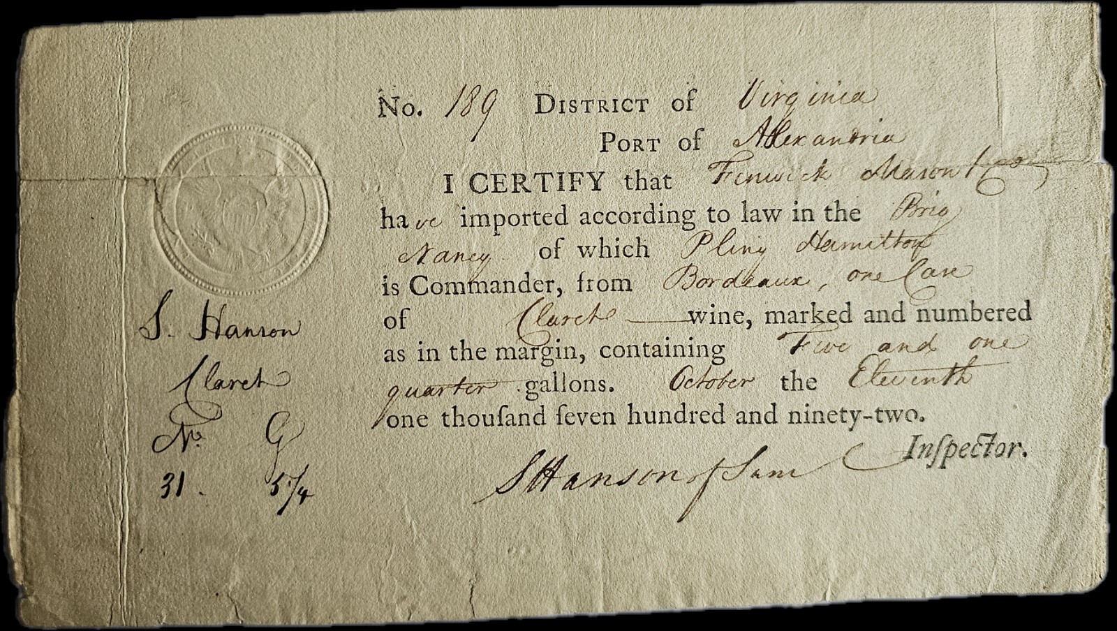 1792 Alexandria Wine Import Cert Joseph Fenwick and John Mason, Son George Mason 1792 Alexandria Wine Import Cert Joseph Fenwick and John Mason, Son George Mason