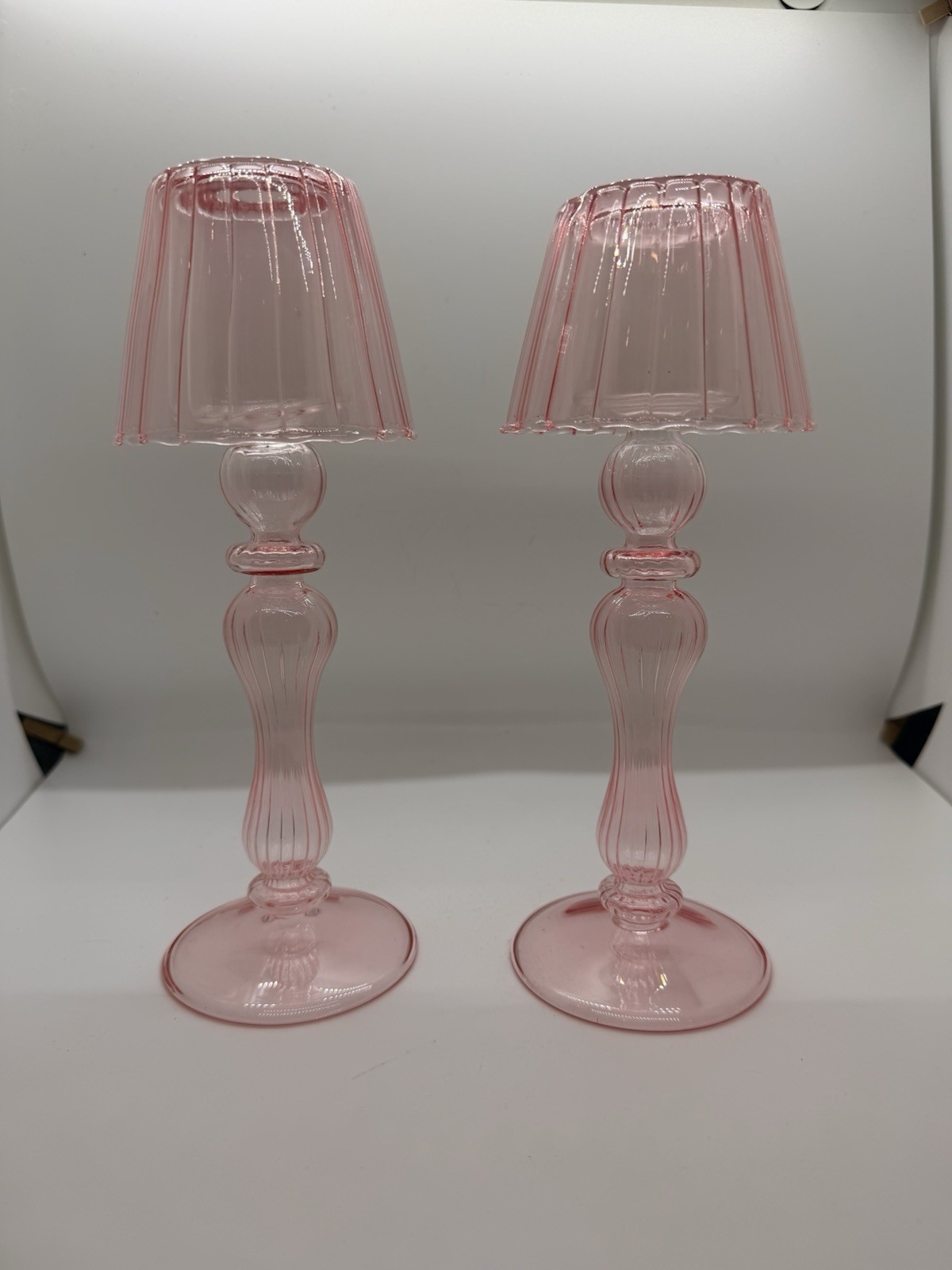 Pair Pink Glass Tea Light Table Lamps 9 Inches Fairy Core