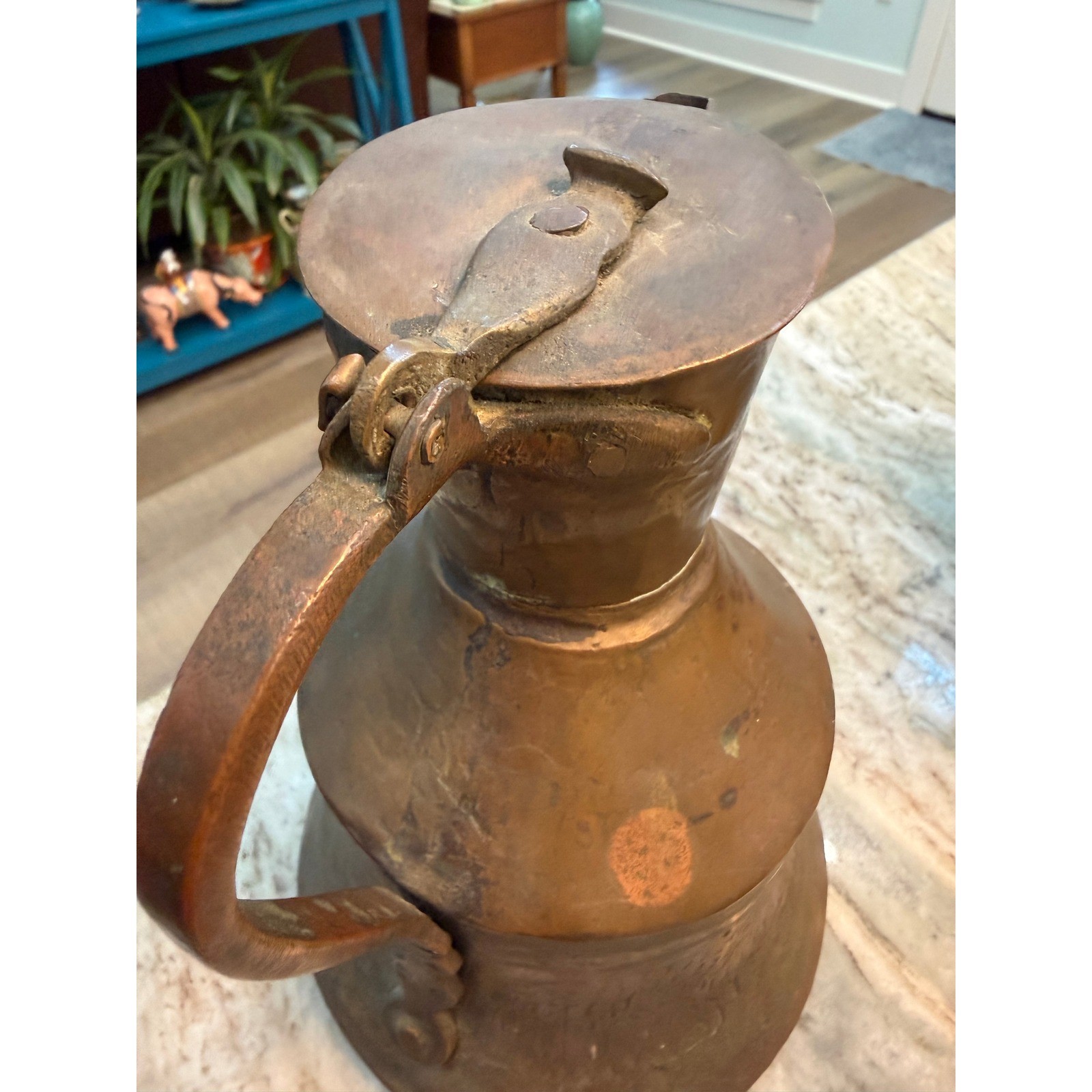 Antique Hand Hammered Copper Pitcher Hinged Lid Rustic Primitive Water Vessel