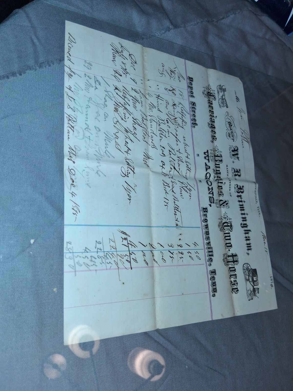 1874 Antique Billhead W R Brimingham Carriages Buggies Wagons Brownsville TN...