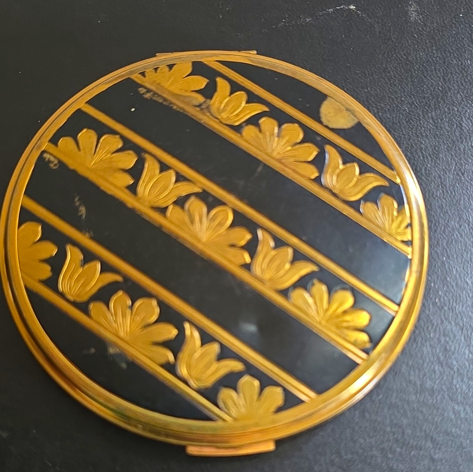 Vintage 1940s Zell Fifth Avenue Compact Black Gold Enamel Florette Original Puff