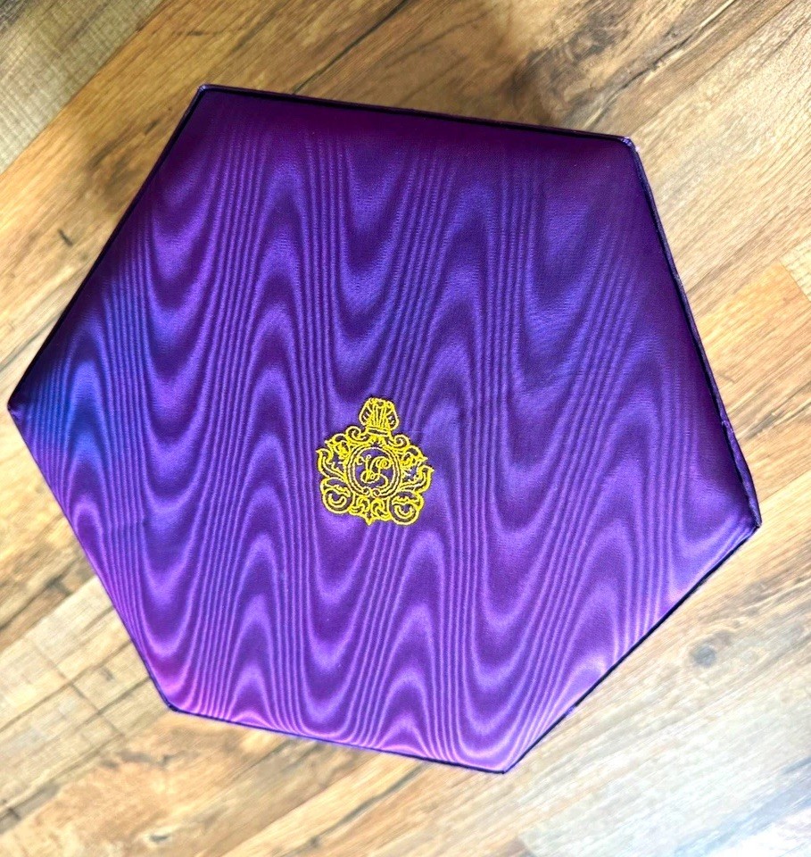 Vintage Purple Moire Hexagon Presentation Box Gold Crown Monogram Script Case
